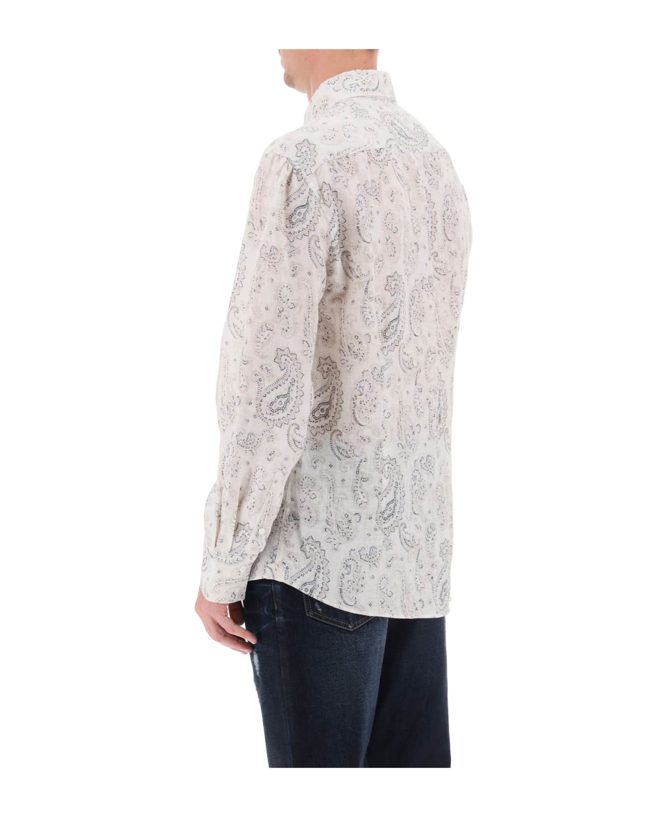 Brunello Cucinelli Linen Shirt With Paisley Pattern - BROWN PRUSSIA (White) シャツ
