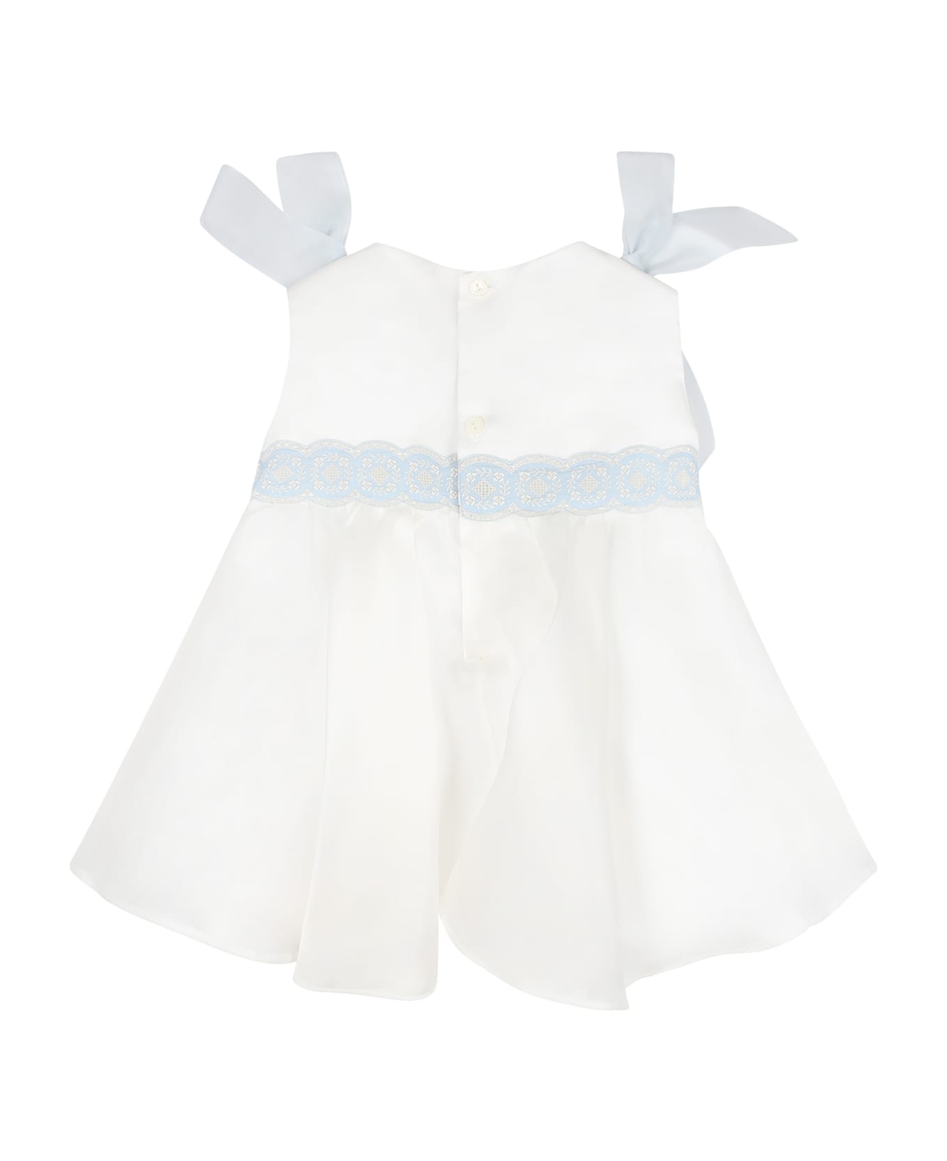 La stupenderia White Dress For Baby Girl With Light Blue Embroidery - White
