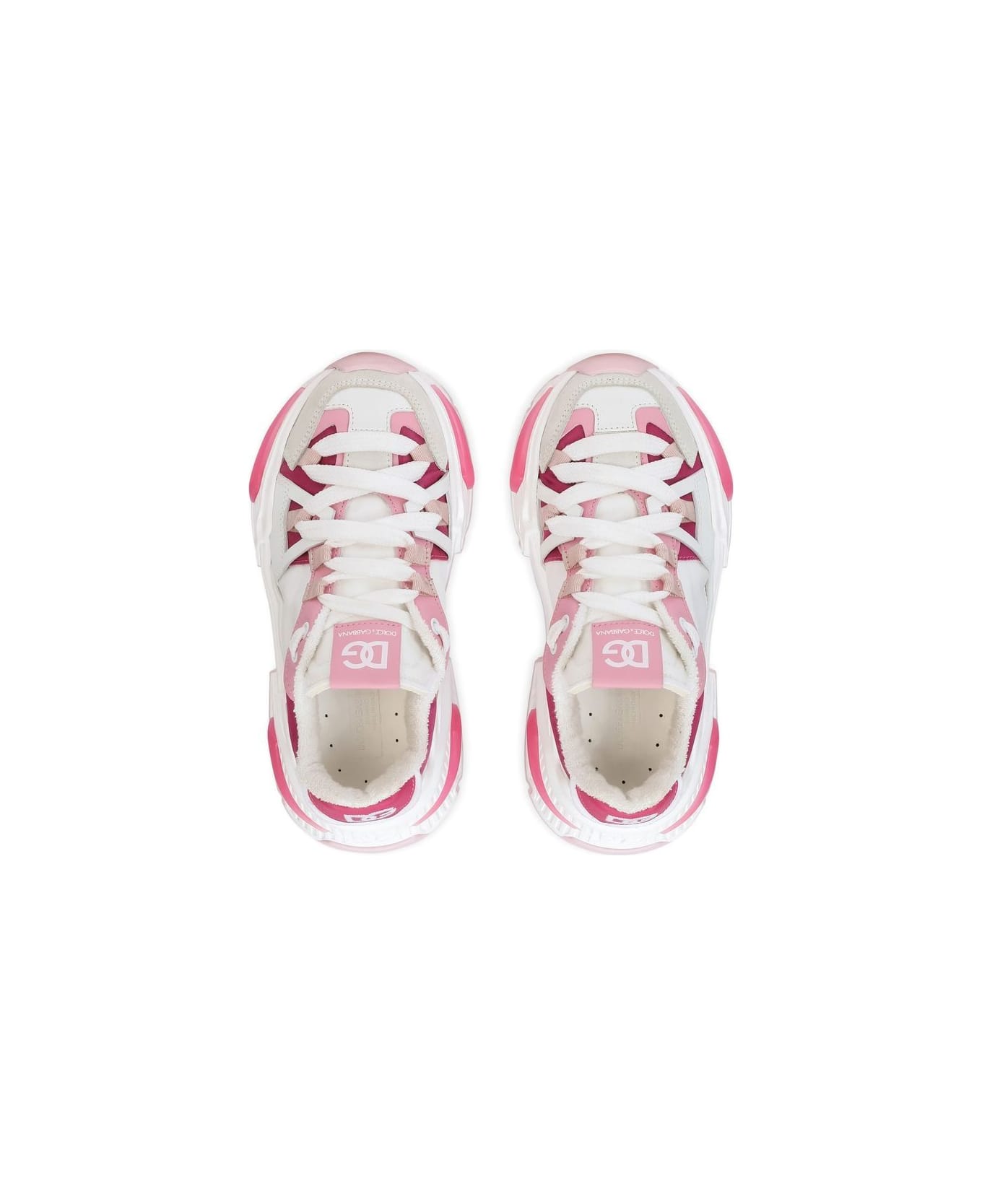 Dolce & Gabbana Sneakers Bianche E Rosa In Vitello Con Inserti In Tnt Bambina - Bianco
