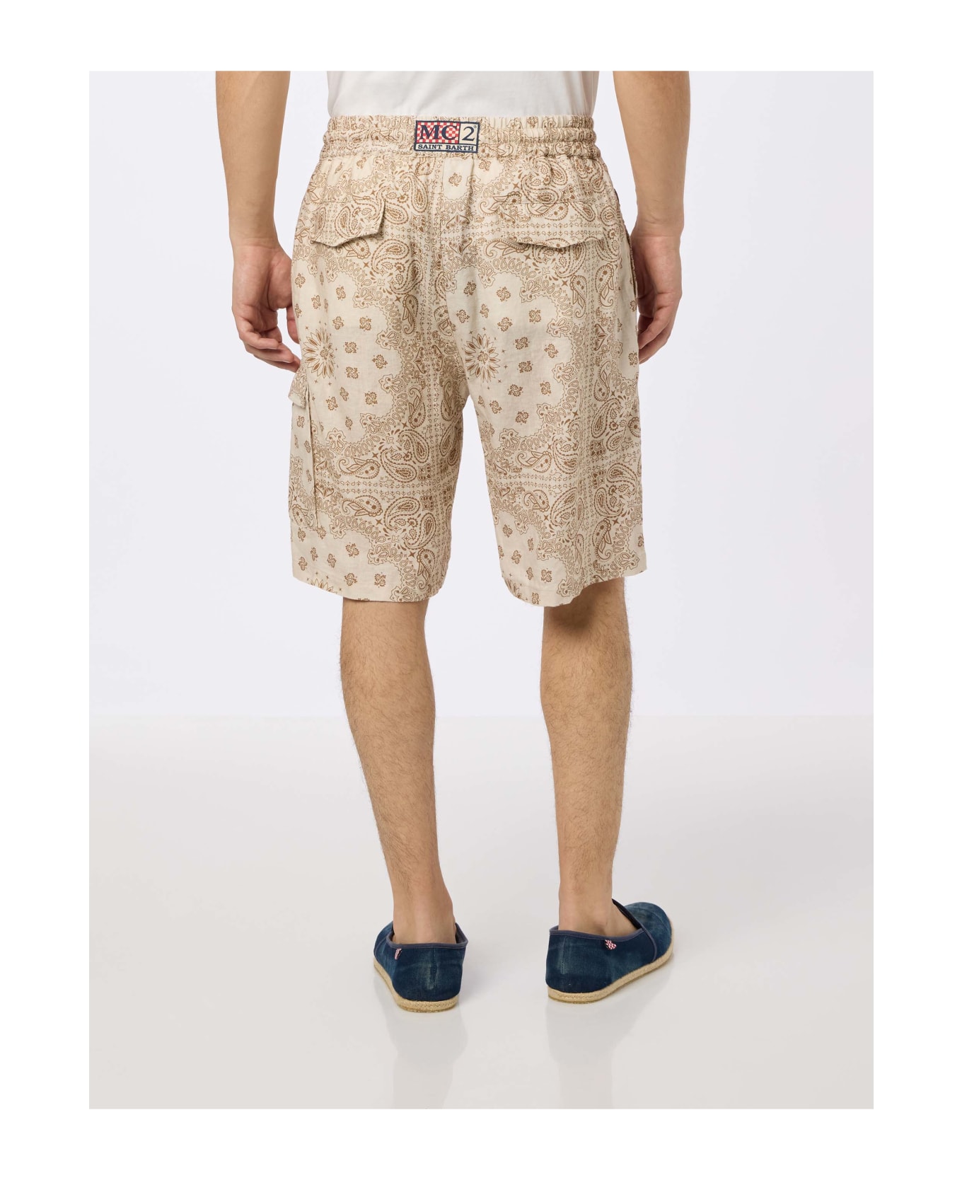 MC2 Saint Barth Man Linen Bermuda Marseille With Bandanna Print - WHITE