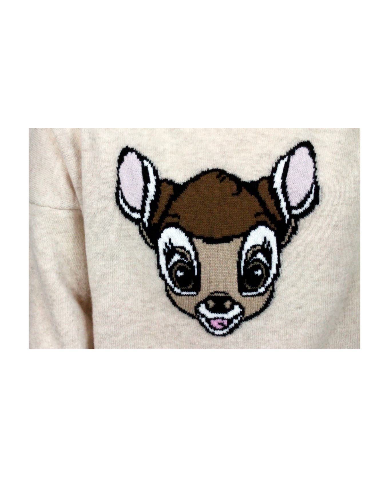 Monnalisa Crewneck Sweater In Wool With Inlay On The Front - Beige