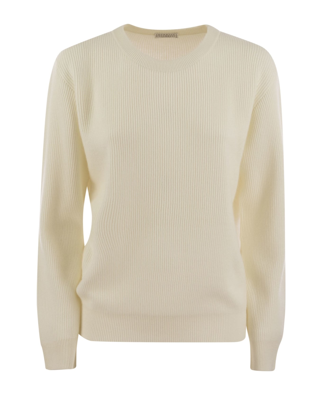 Brunello Cucinelli English Rib Cashmere Sweater With Monile - Cream