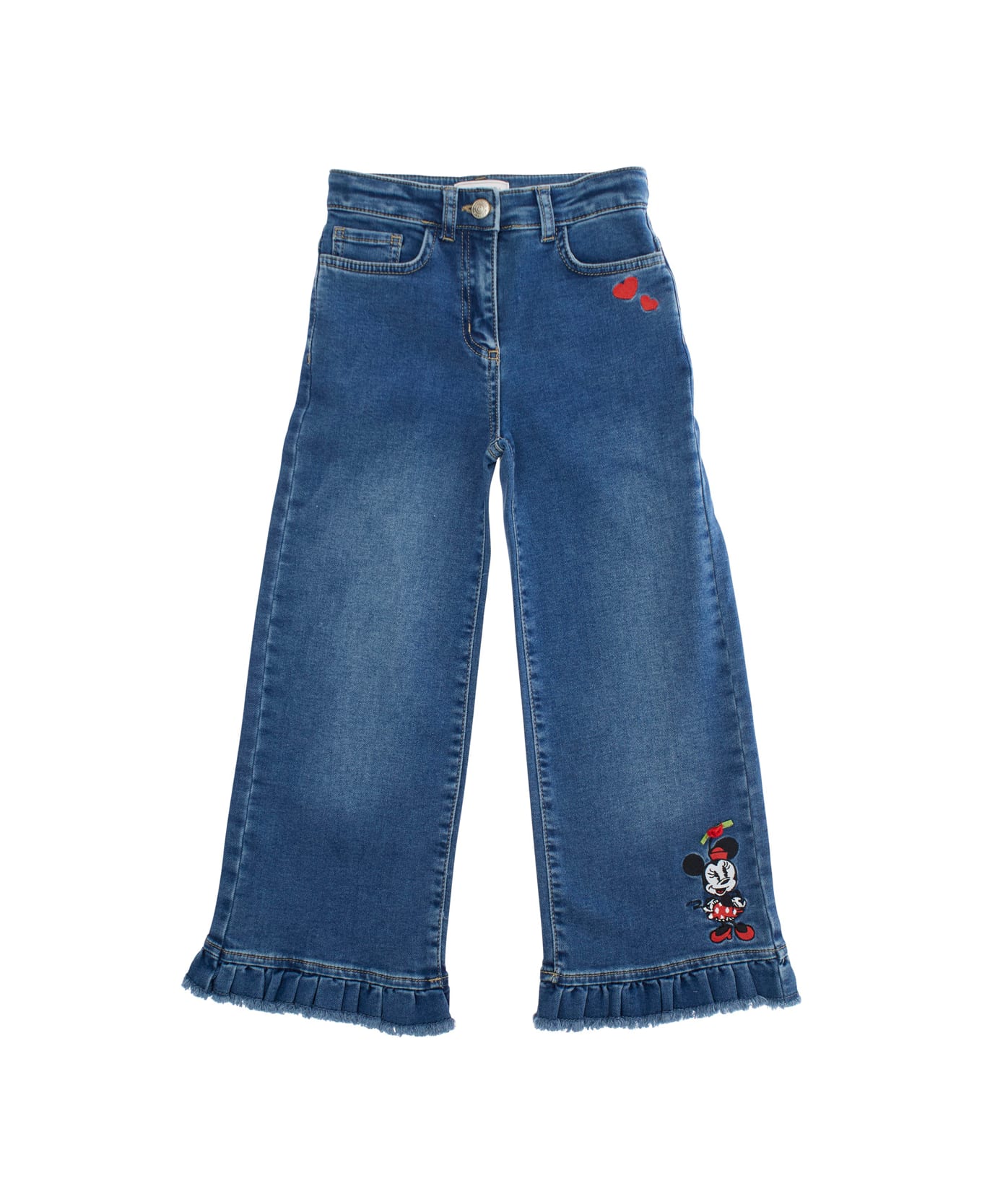 Monnalisa Blue Jeans With Ruched Hem And Logo Lettering Embroidery On The Rear In Denim Girl - Blu