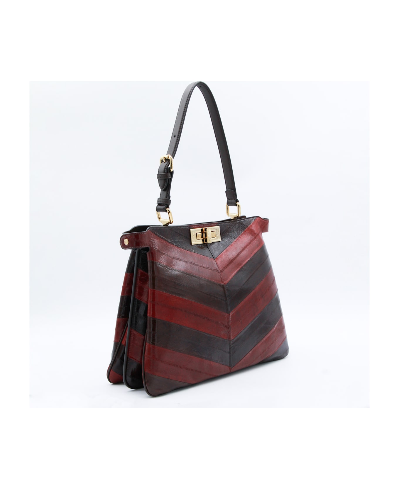 Fendi Brown And Red Leather Pekaboo Top Handle Bag - BROWN/WINE
