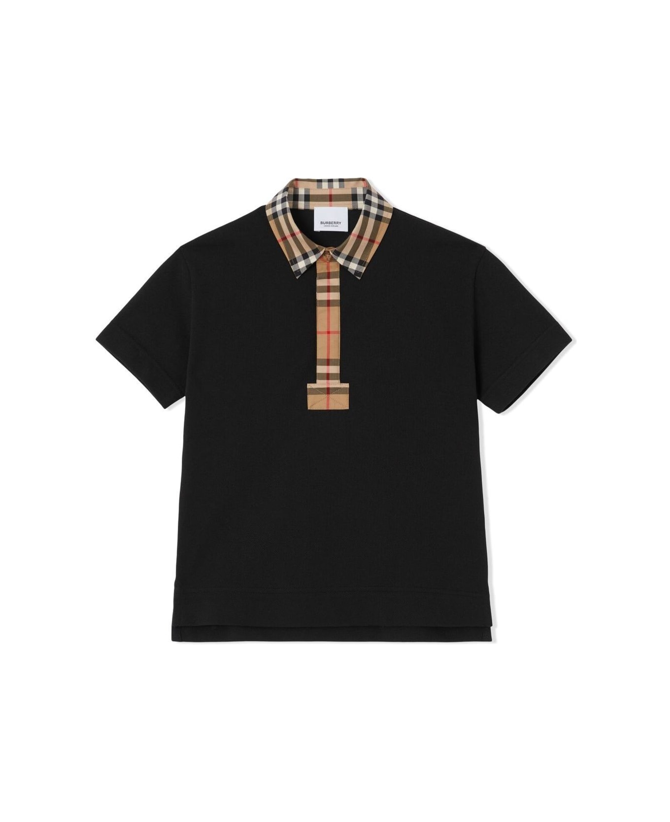 Burberry Black Polo T-shirt With Vintage Check Motif In Cotton Baby - Black
