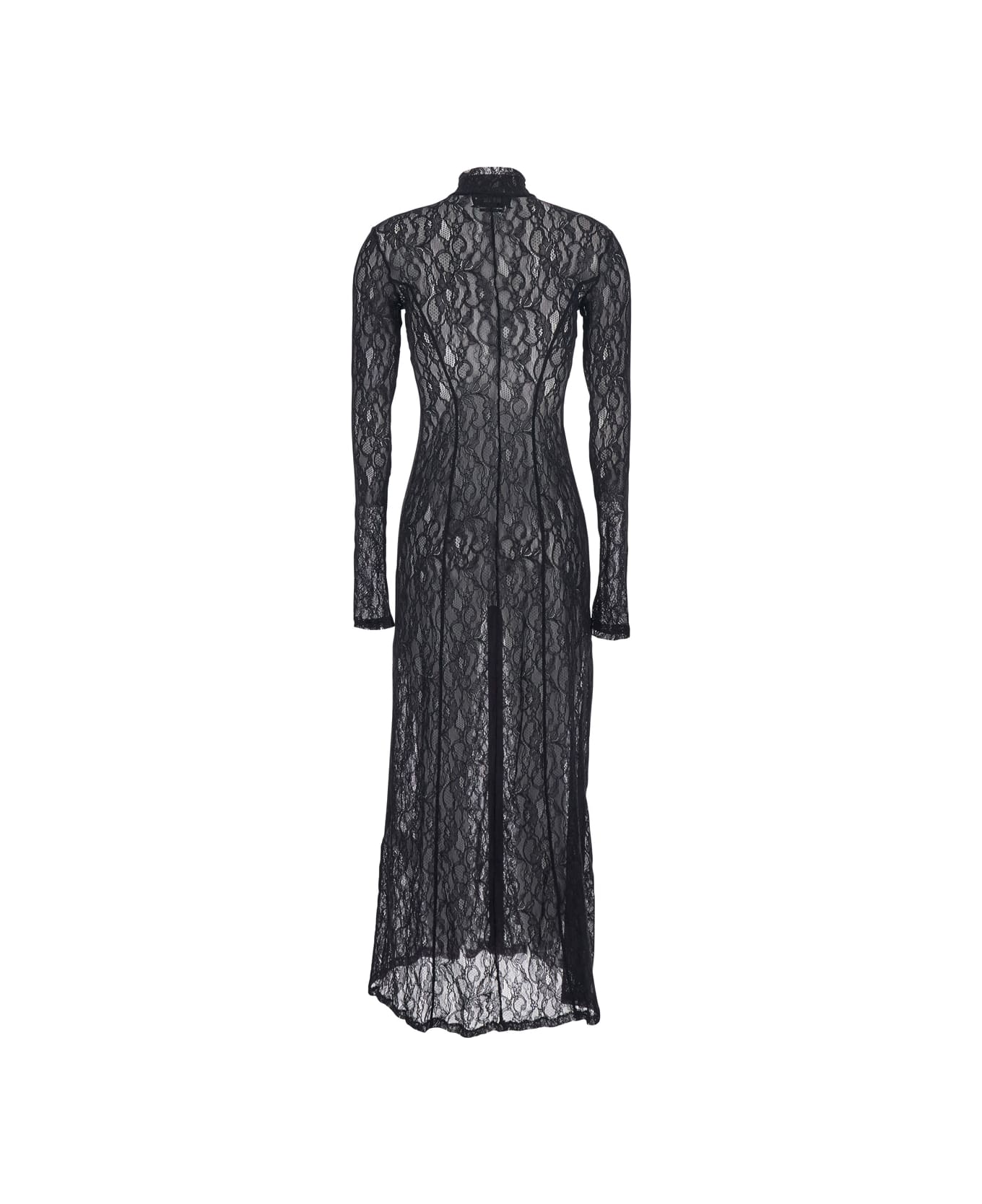 MSGM Black Long Dress With High Neck And Semi-sheer Design With Embroidery In Fabric Woman - Black