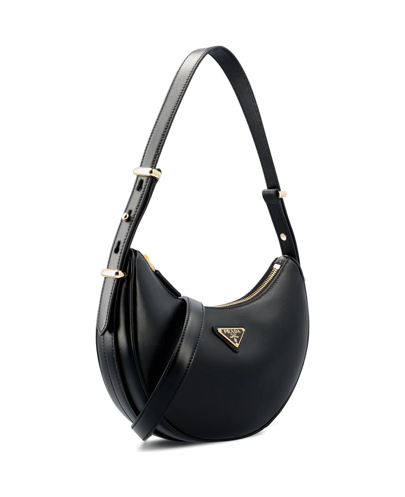 Prada Triangle Logo Plaque Moon Shaped Shoulder Bag - Nero