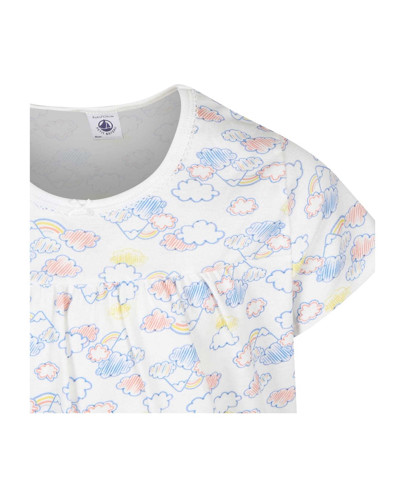 Petit Bateau White Pajamas For Girl With Clouds Print - White