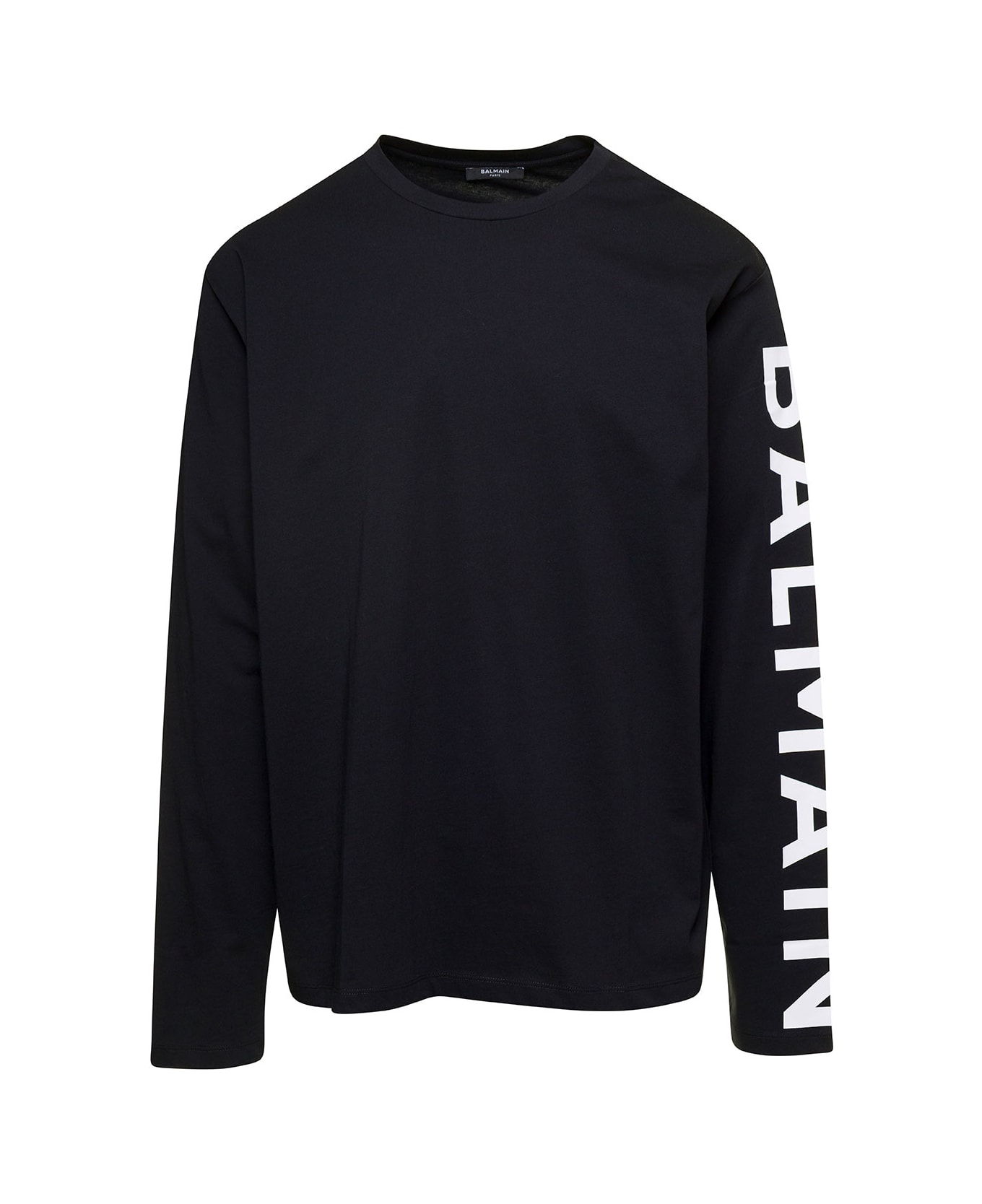 Balmain Monogramm Black Crewneck Sweatshirt With Logo Print On The Sleeve In Cotton Man - Black