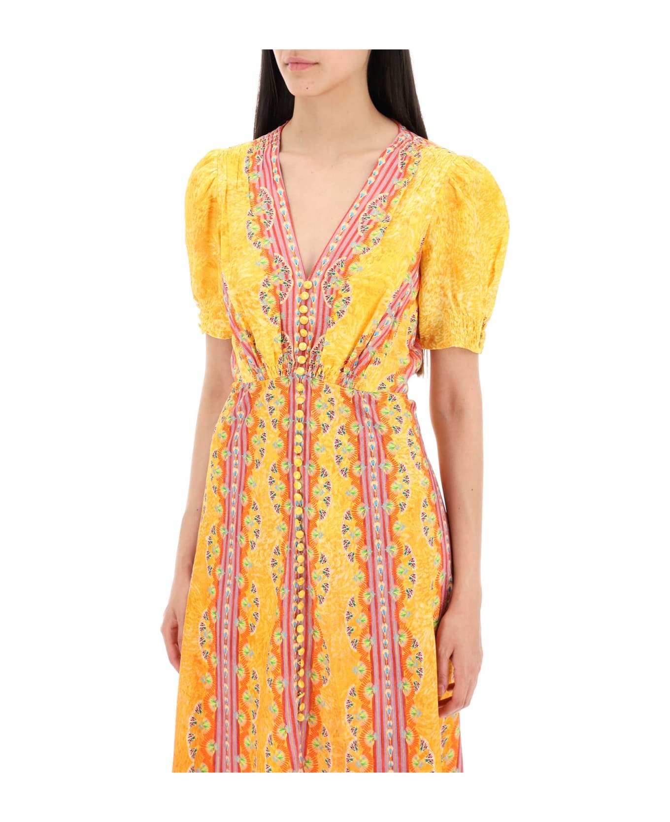 Saloni Long Silk Dress Lea In Eight - CARNIVAL STRIPE PLMT (Yellow)