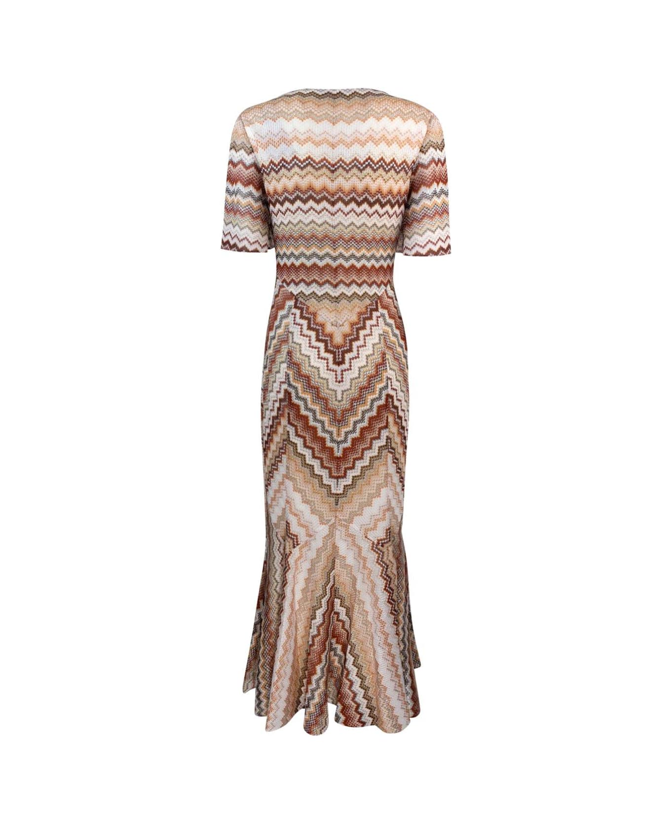 Missoni Serrated Zig Zag Pattern Long Flared Dress - BROWN