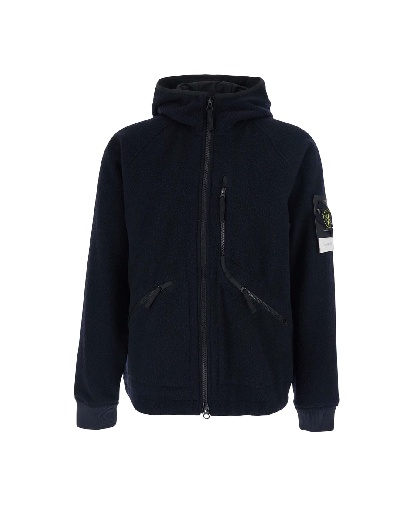 Stone Island Blue Jacket With Fixed Hood And Logo Patch On The Sleeve In Fleece Man - Blu