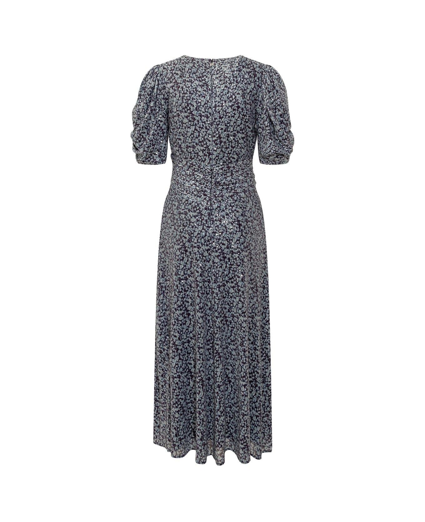 Rotate by Birger Christensen Puff Sleeve Sequin Dress - Vibrant Floral Outline + Purple Pennant Comb.