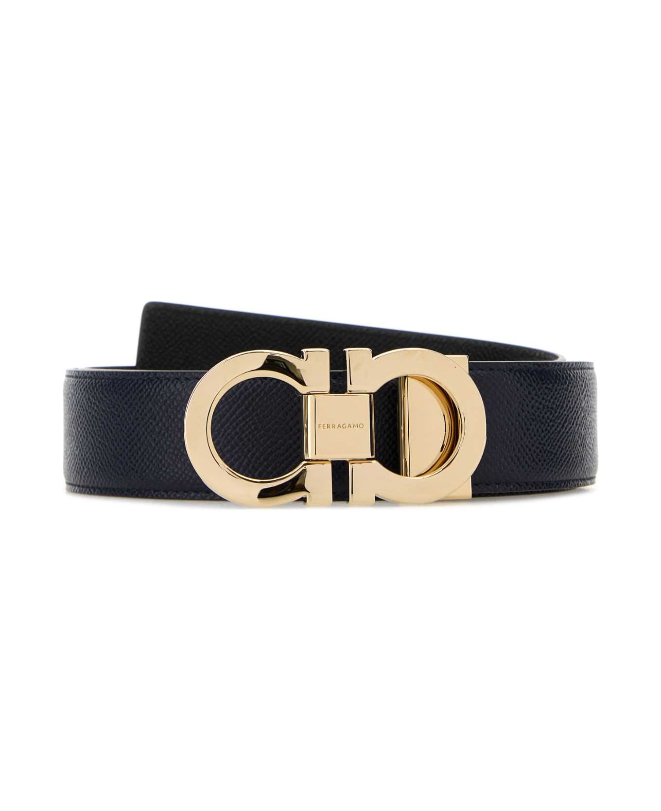 Ferragamo Navy Blue Leather Reversible Gancini Belt - BLACKBLUE
