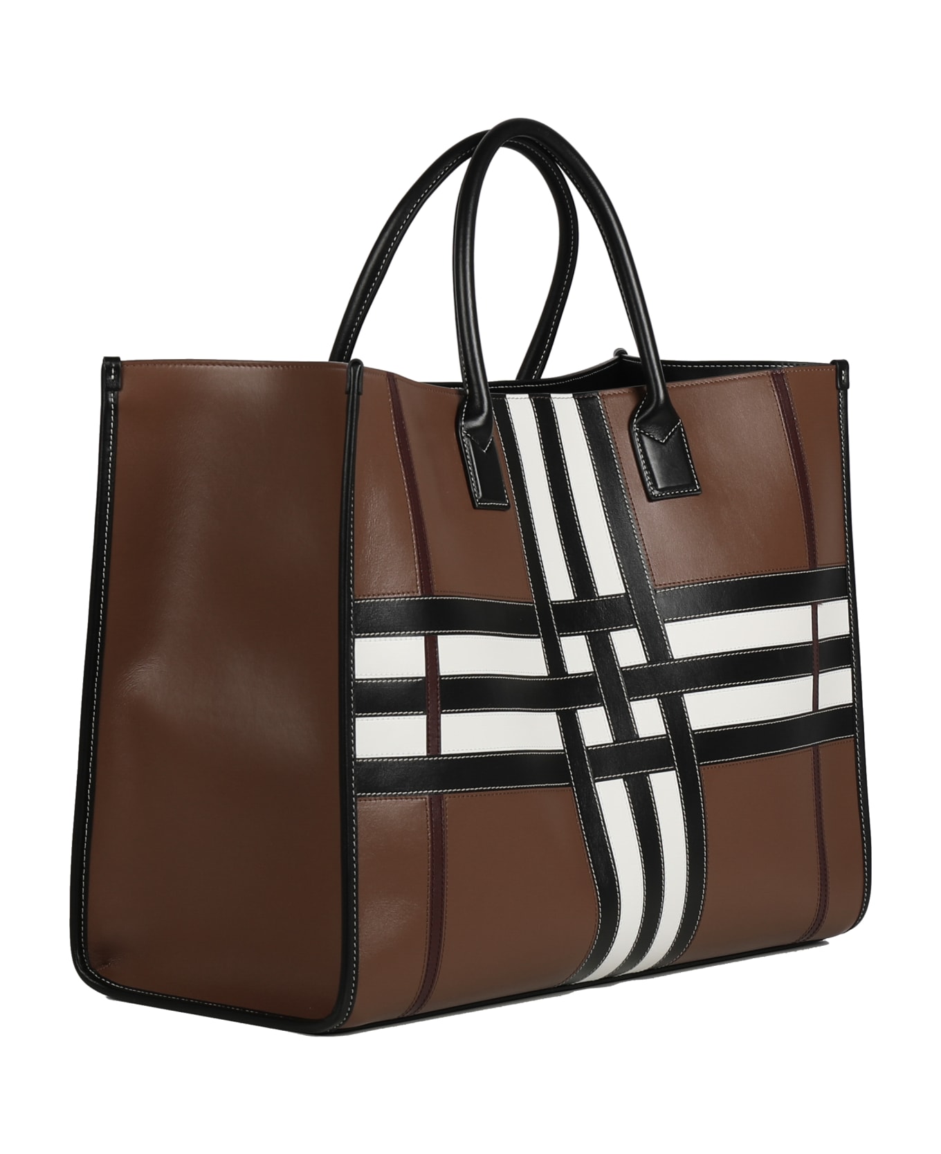 Burberry Leather And Fabric Tote With Tartan Pattern - Brown
