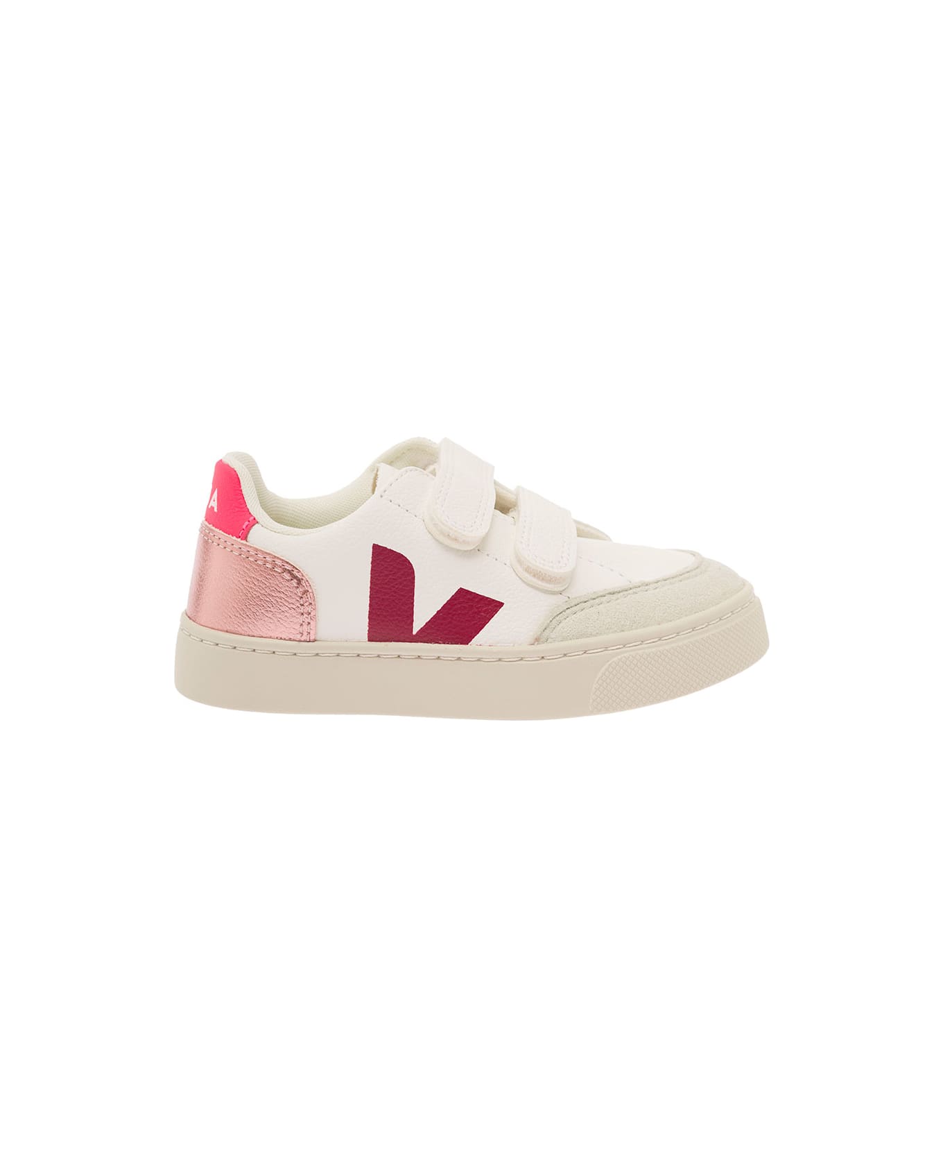 Veja White Sneaker With Fuchsia Logo And Heel Tab In Leather Girl - Multicolor シューズ