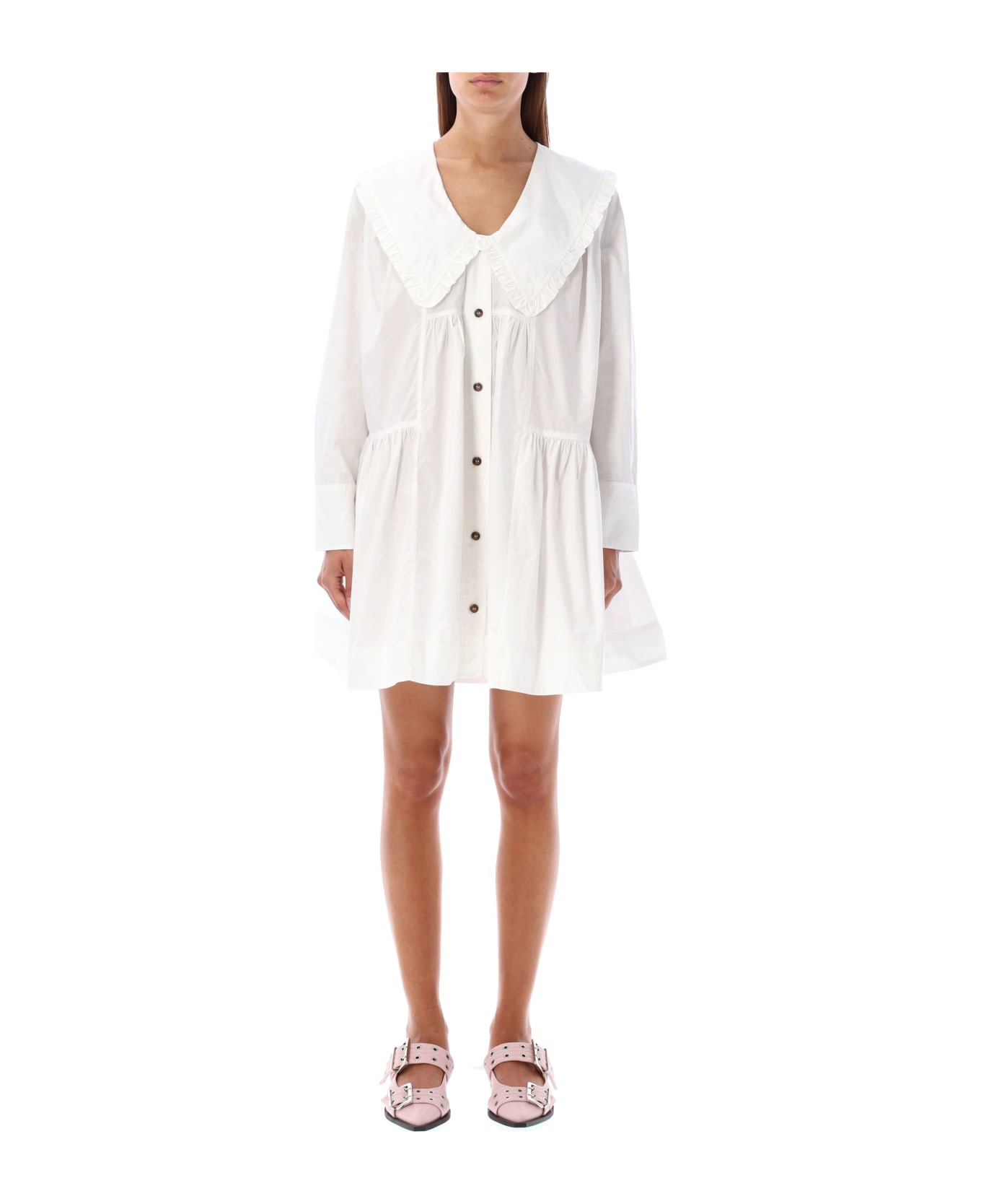 Ganni Wide Mini Shirt Dress - BIRGHT WHITE