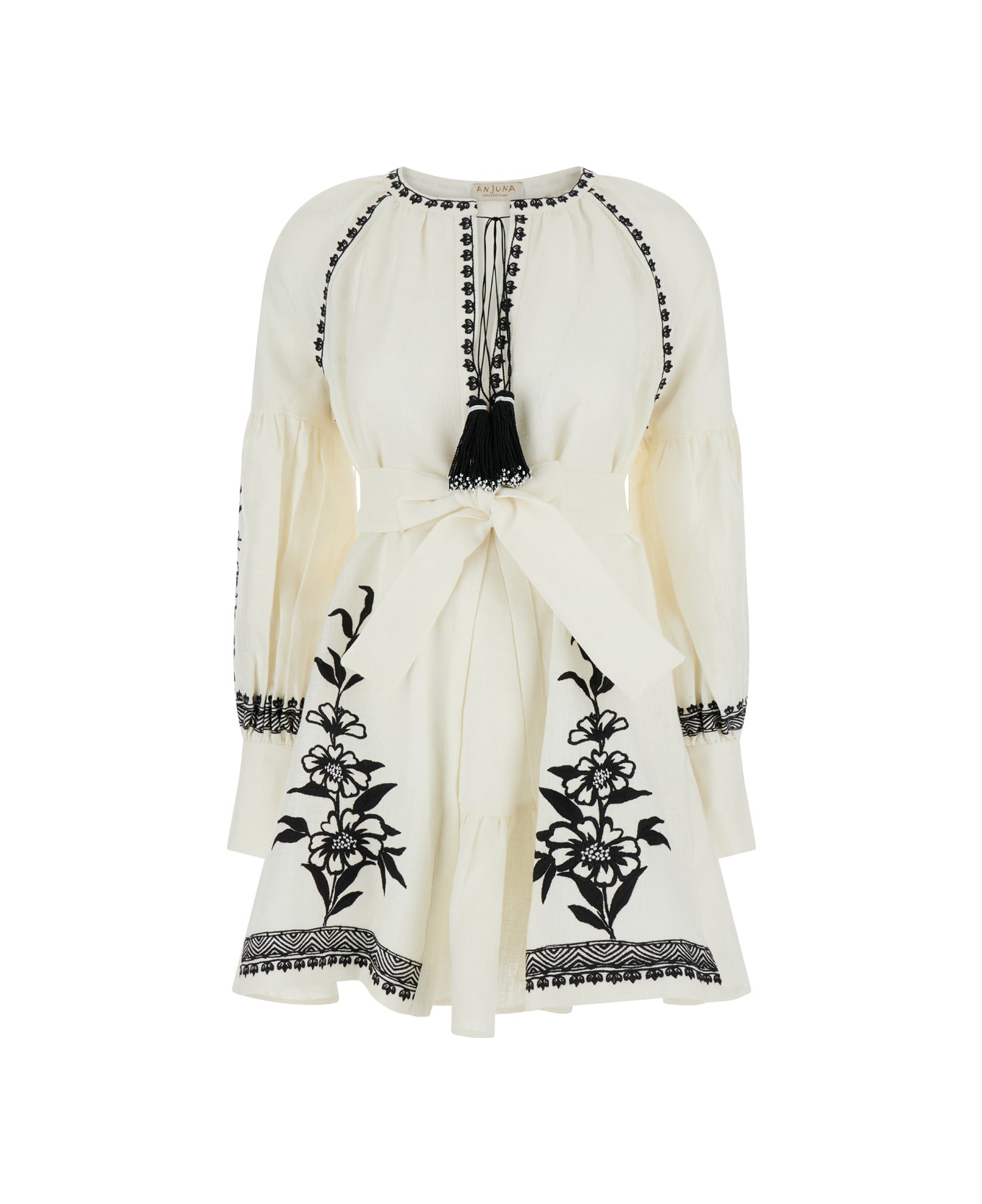 Anjuna White Mini Dress With Floreal Embroidery And Tassels In Linen Woman - White ワンピース＆ドレス