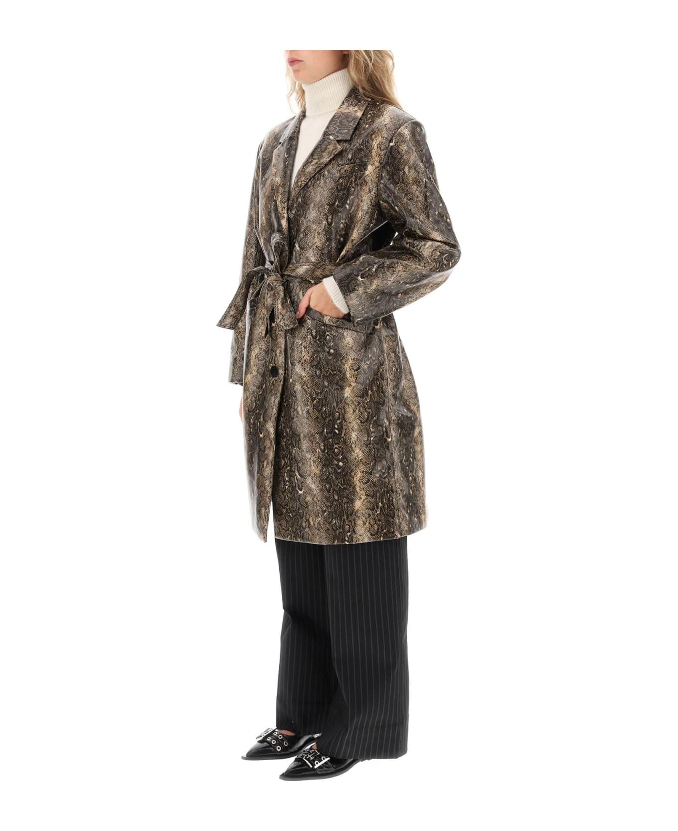 Ganni Snake-effect Faux Leather Trench Coat - SNAKE STARFISH (Brown) コート