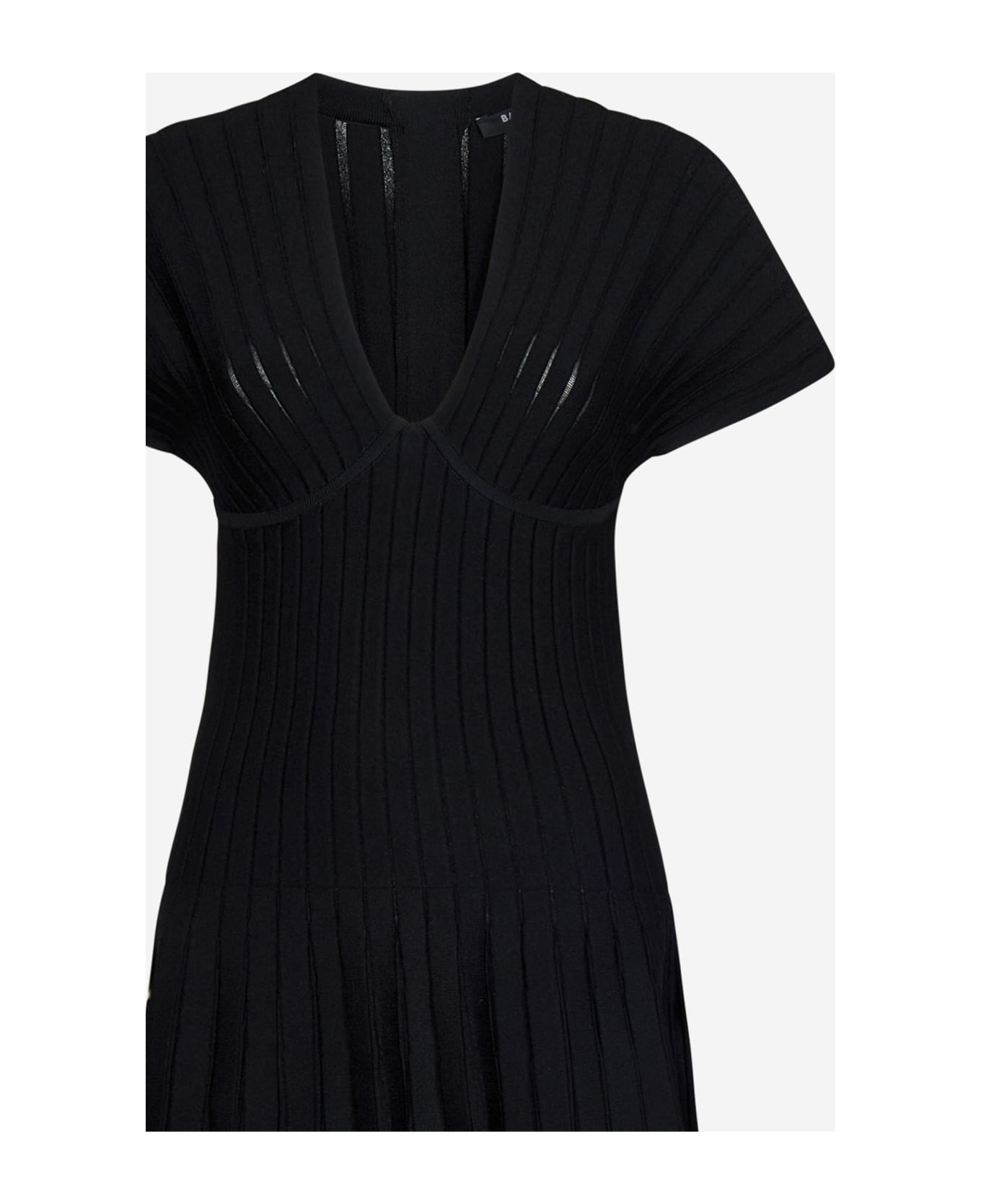 Balmain Short Sleeves Pleated Knit Dress - Black