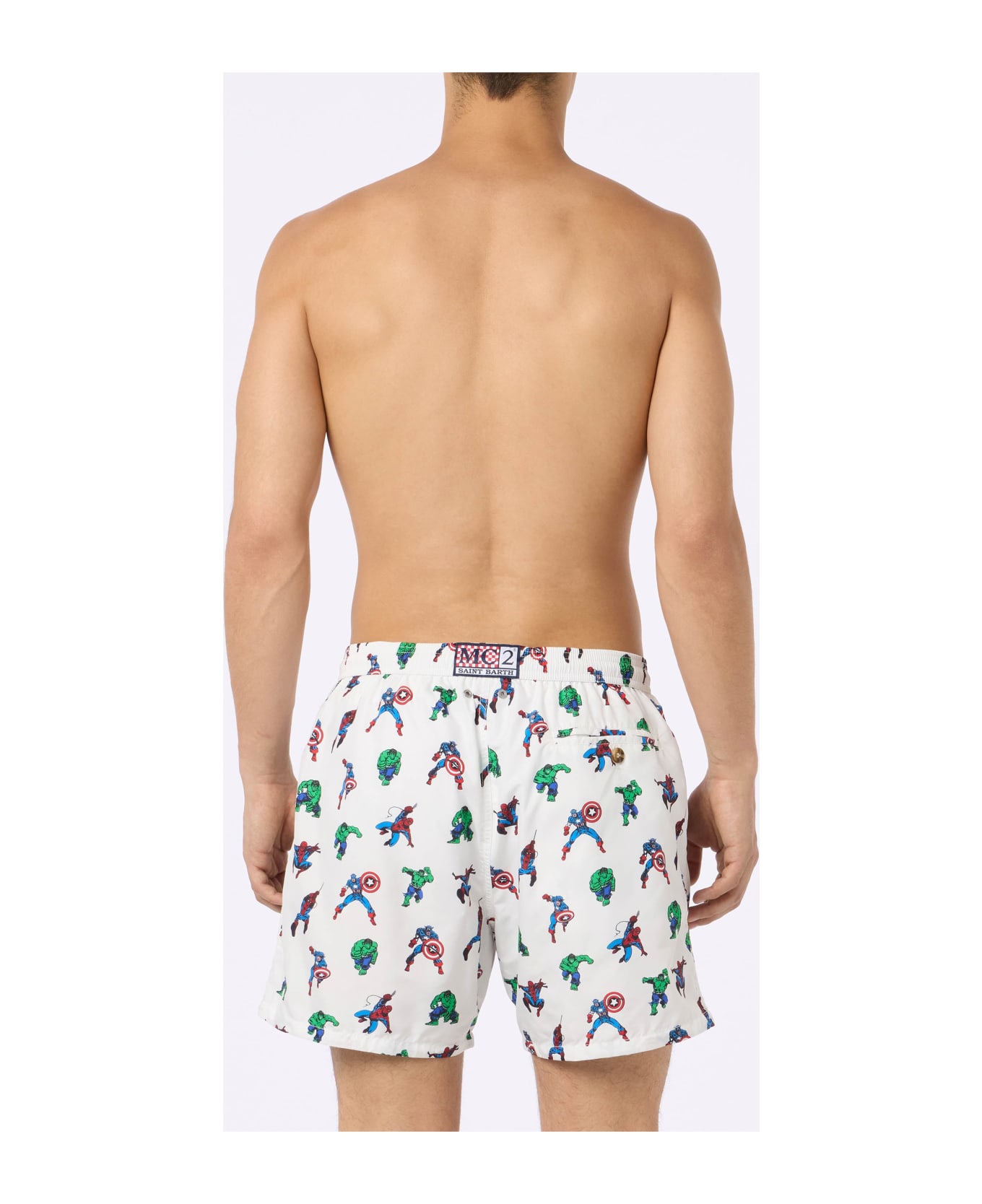 MC2 Saint Barth Man Lightweight Fabric Swim-shorts Lighting Micro Fantasy With Marvel Super Heroes Print | Marvel Special Edition - WHITE