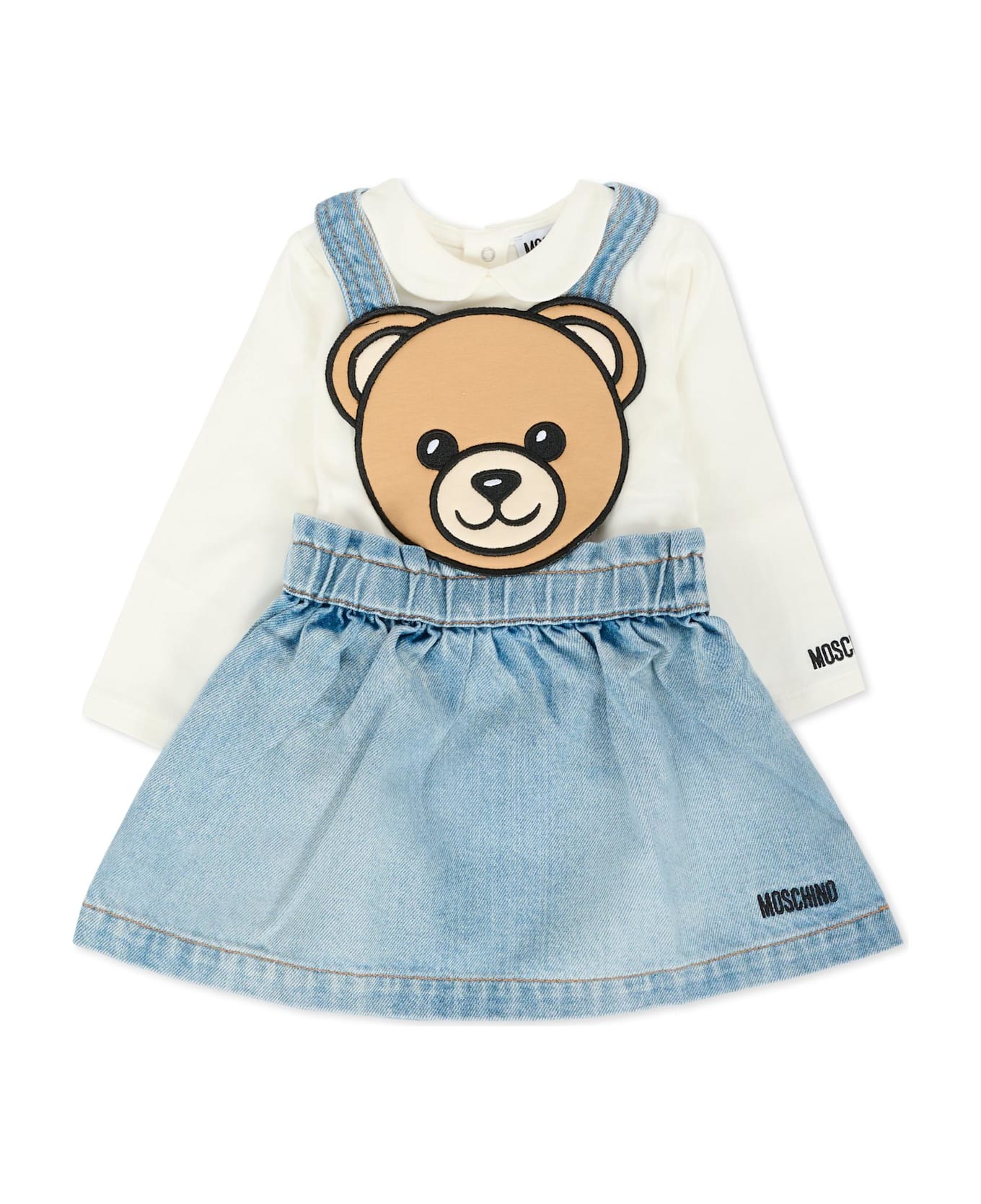Moschino Denim Dungarees For Baby Girl With Teddy Bear - Blue