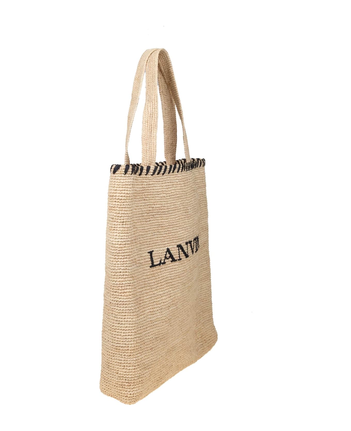 Lanvin Tote Bag In Raffia With Embroidery - Natural / Black