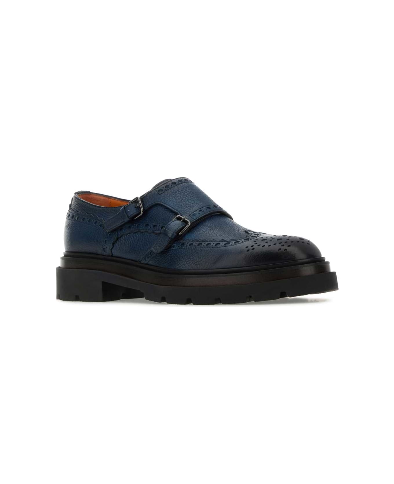 Santoni Blue Leather Mock Strap Shoes - BLUE