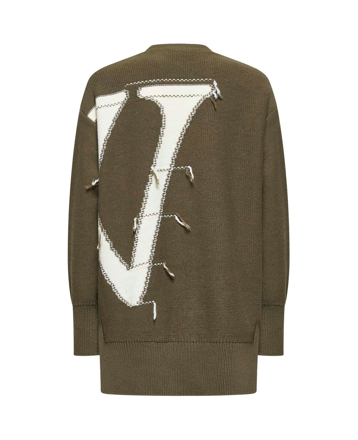 Off-White Buttoned V-neck Long-sleeved Cardigan - Four leaf clover crea