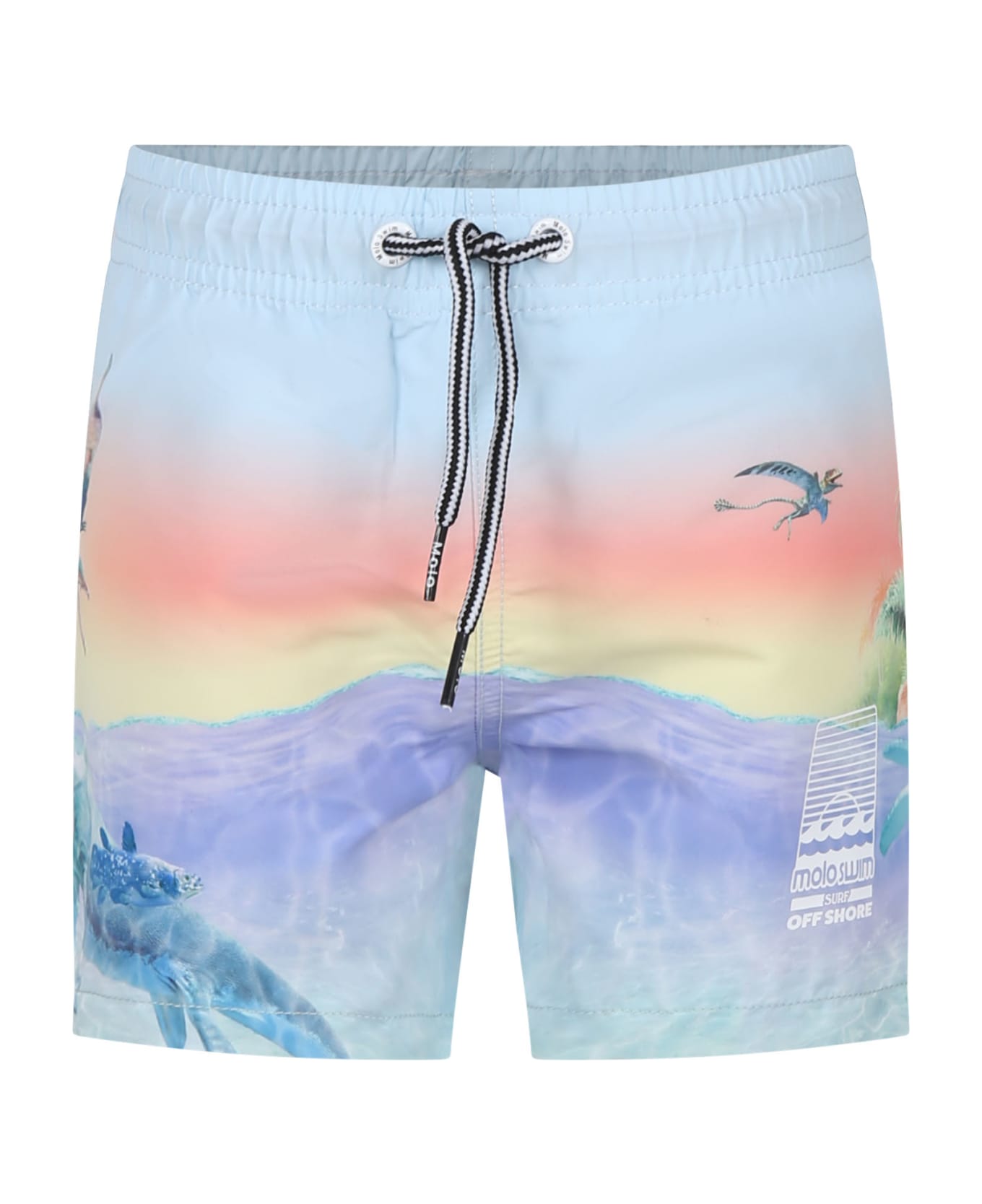 Molo Light Blue Swim Shorts For Boy With Dinosaur Print - Multicolor 水着