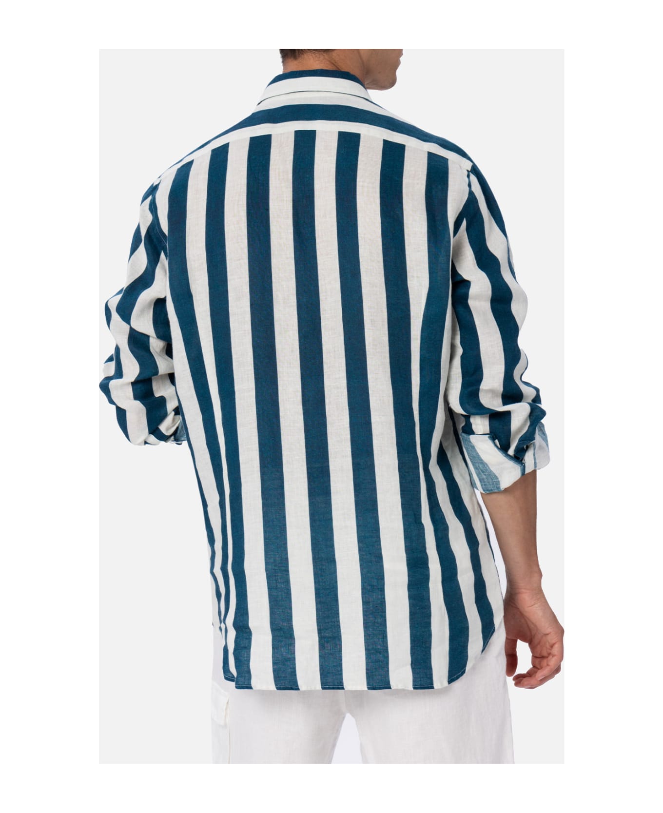 MC2 Saint Barth Man Navy Blue Striped Linen Shirt Pamplona - BLUE