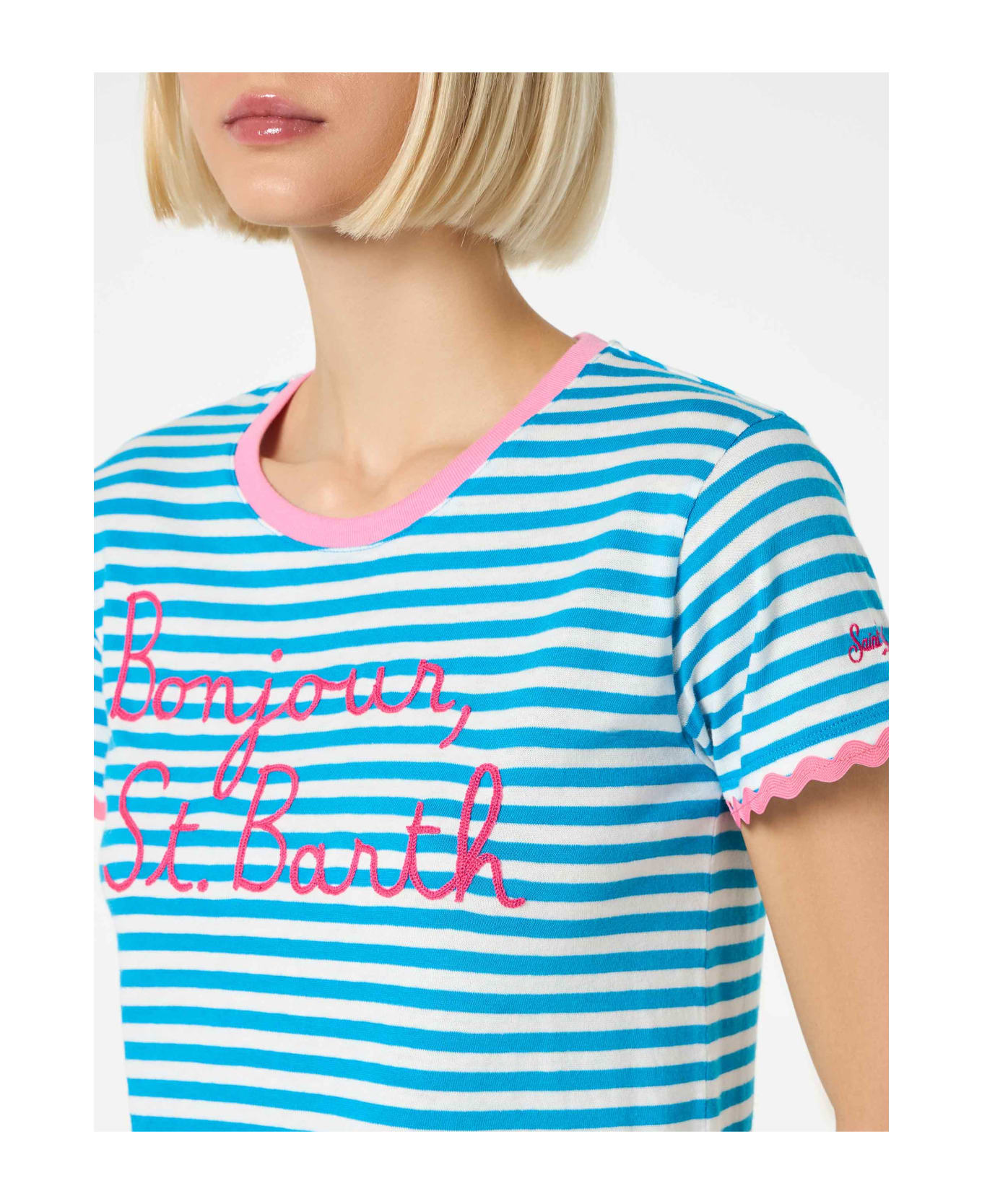MC2 Saint Barth Woman Cotton T-shirt With Bonjour St. Barth Embroidery - BLUE