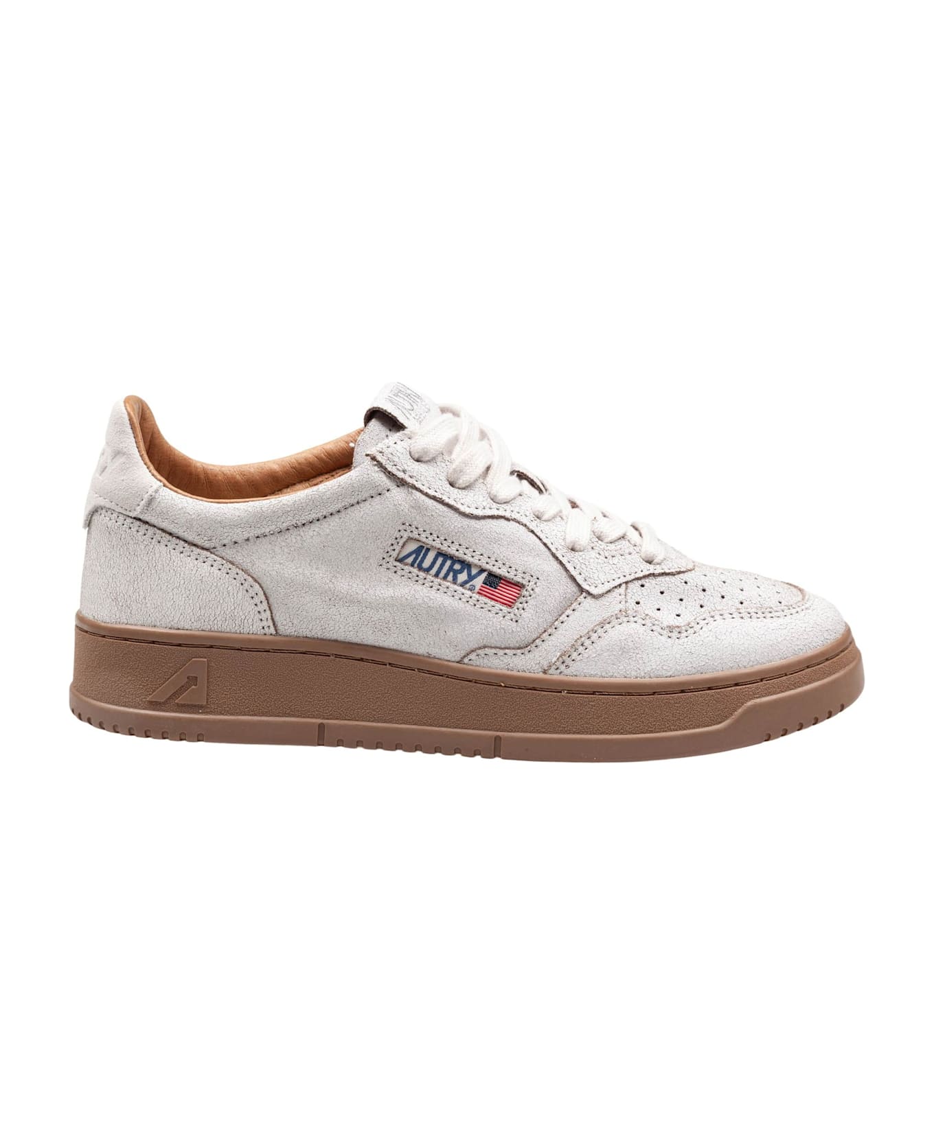 Autry Medalist Sneakers In Leather With Craquele' Effect White Color - White/Tobacco