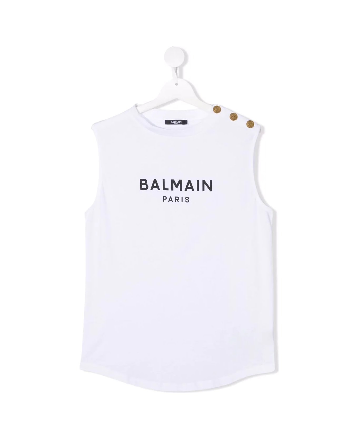 Balmain Kids White Sleeveless T-shirt With Black Logo And Golden Embossed Buttons - White