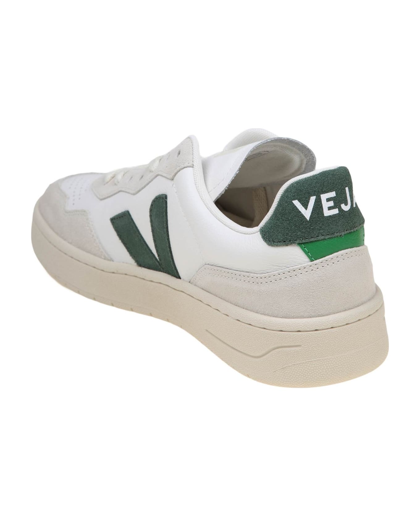 Veja V 90 Sneakers In White And Green Leather And Suede - WHITE/CYPRUS