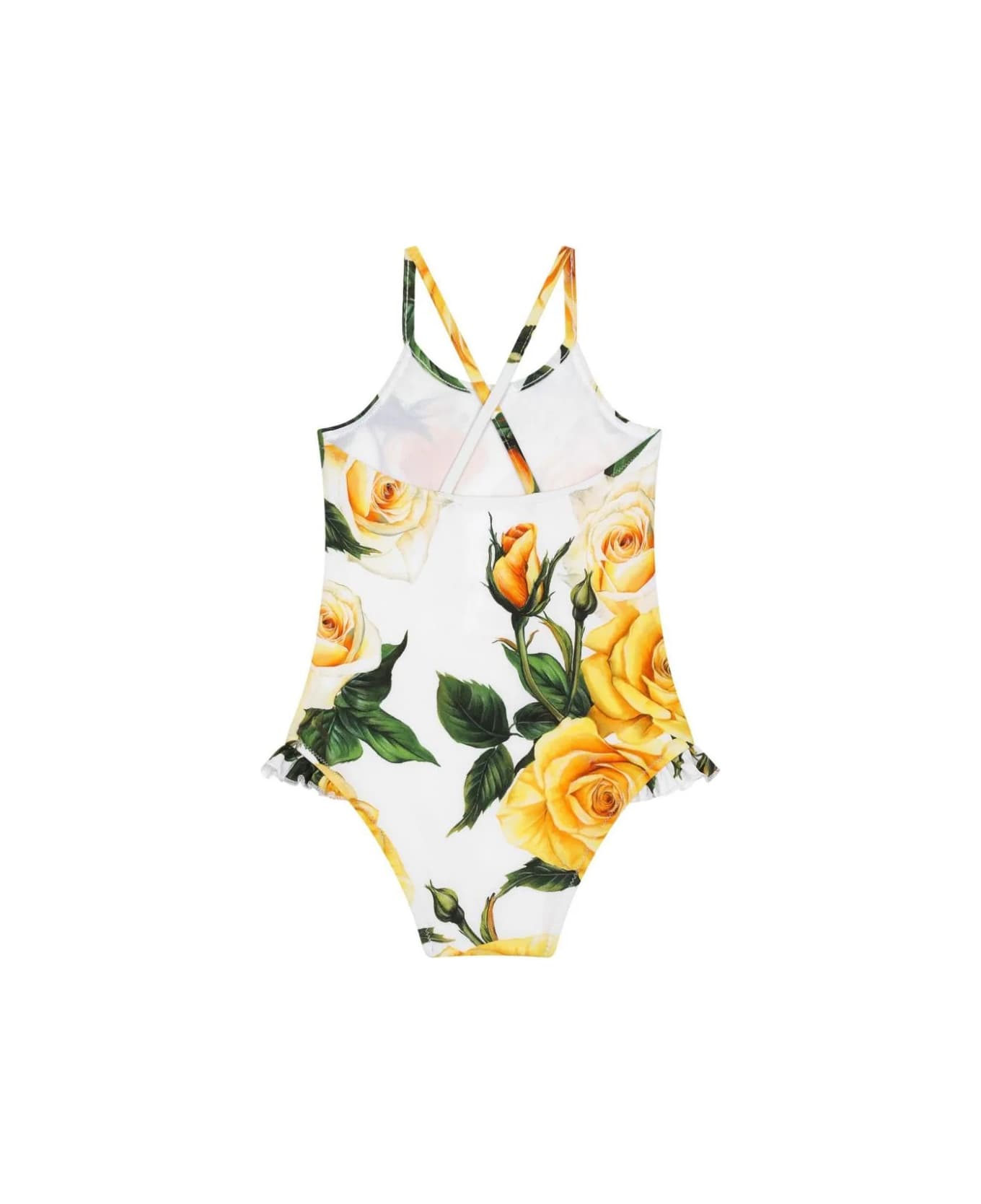 Dolce & Gabbana White One-piece Swimwear With Yellow Rose Print - Yellow 水着