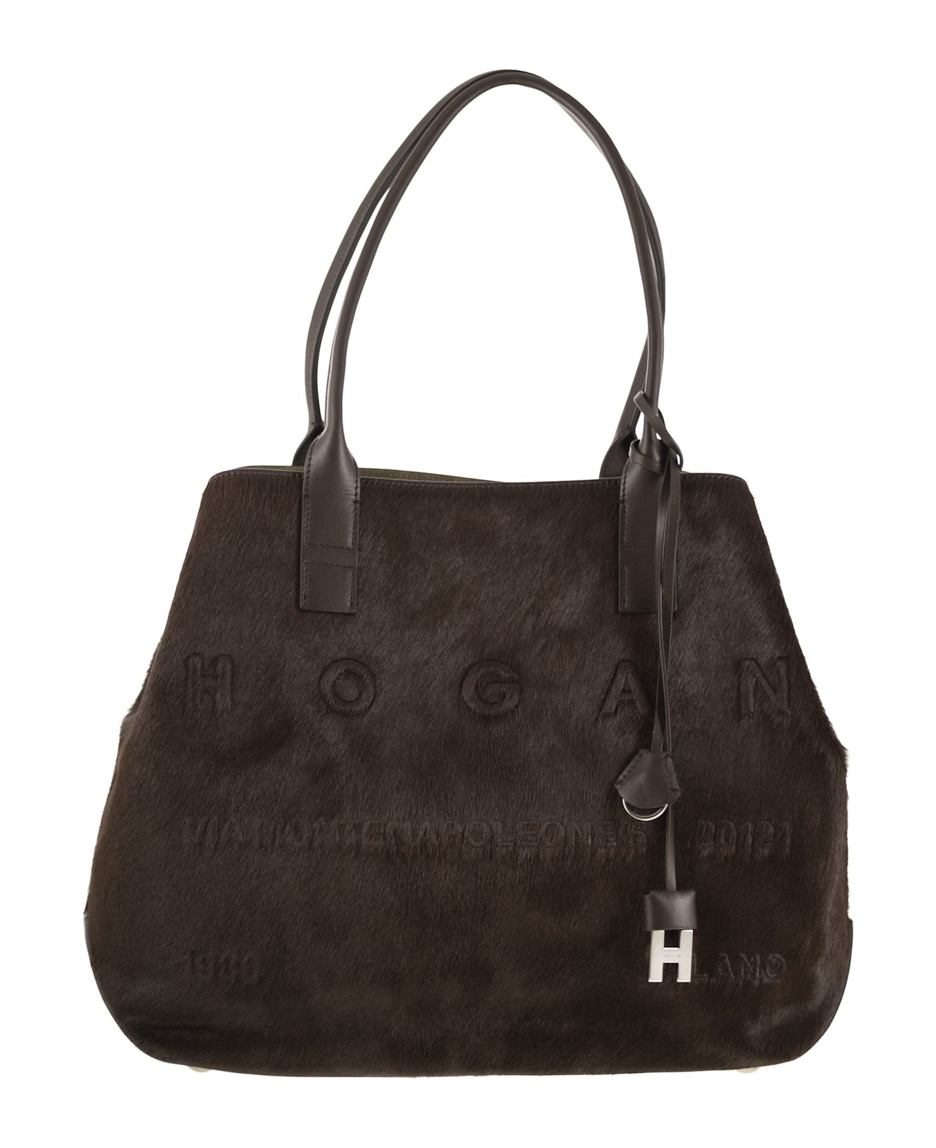 Hogan Medium Script Shopping Bag In Pony-effect Leather - Dark Brown
