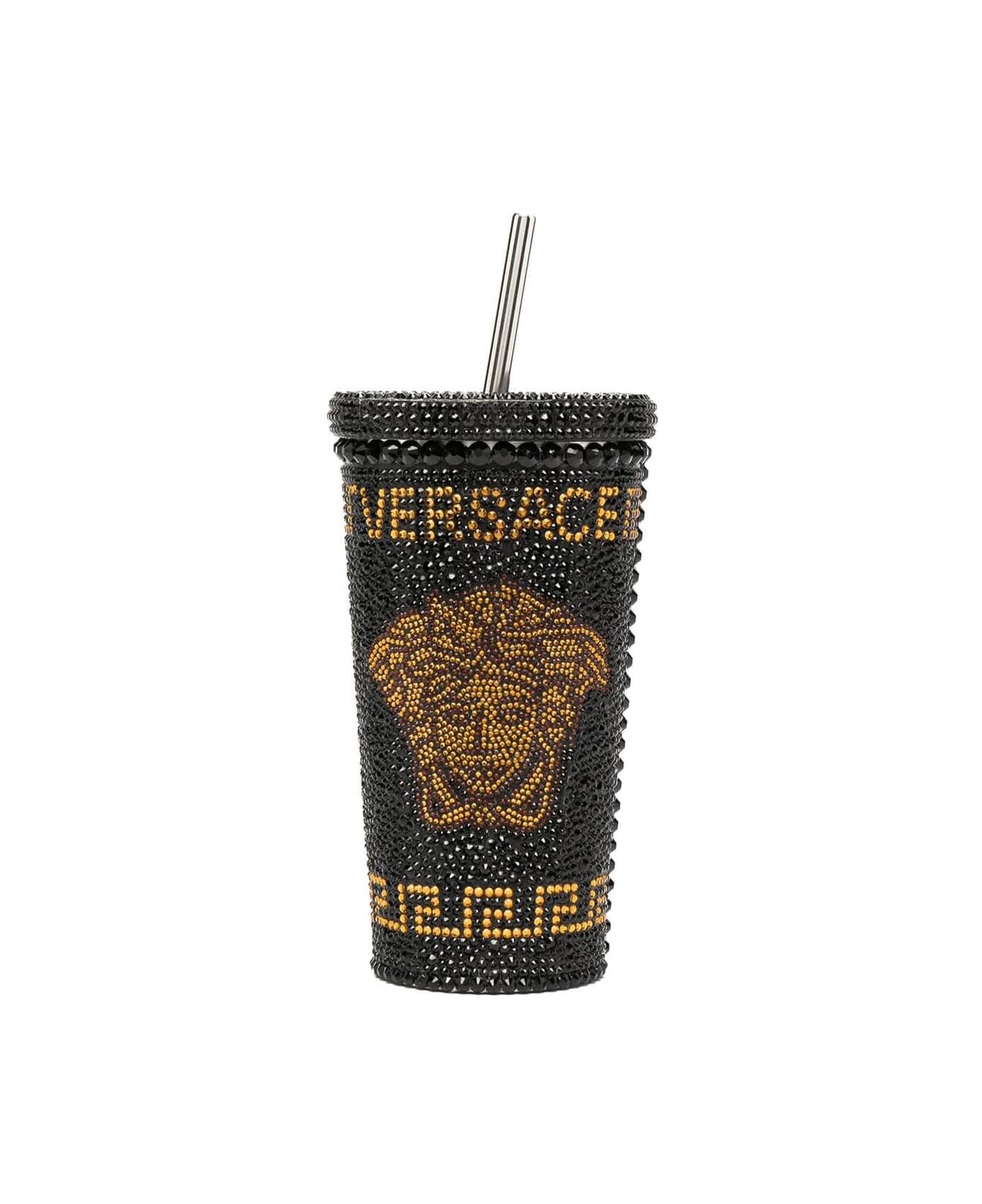 Versace Cup With Lid And Black And Gold Straw In Metal And Plastic Descorazione With Strass - Black