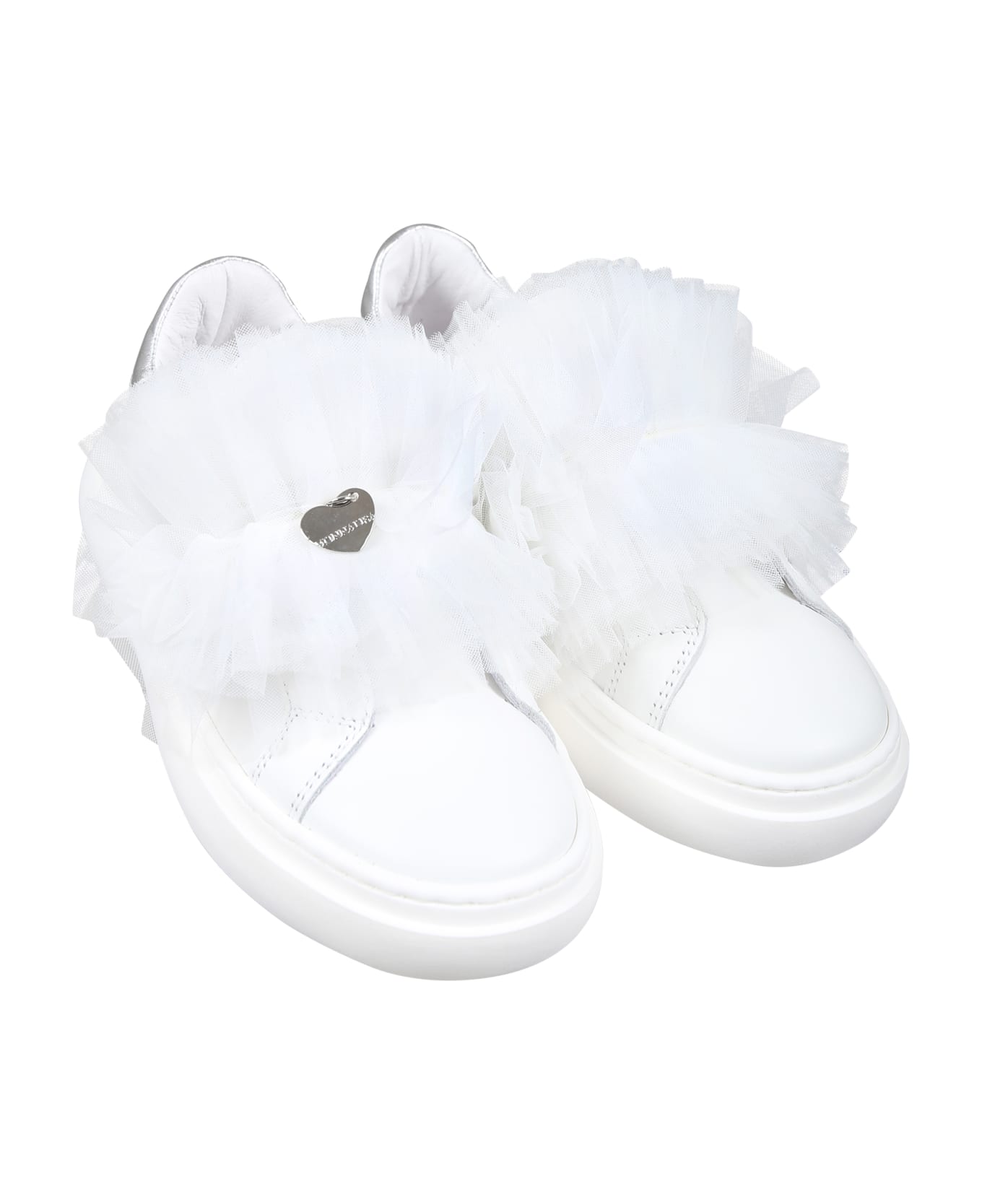 Monnalisa White Sneakers For Girl Avec Tulle Bow - White