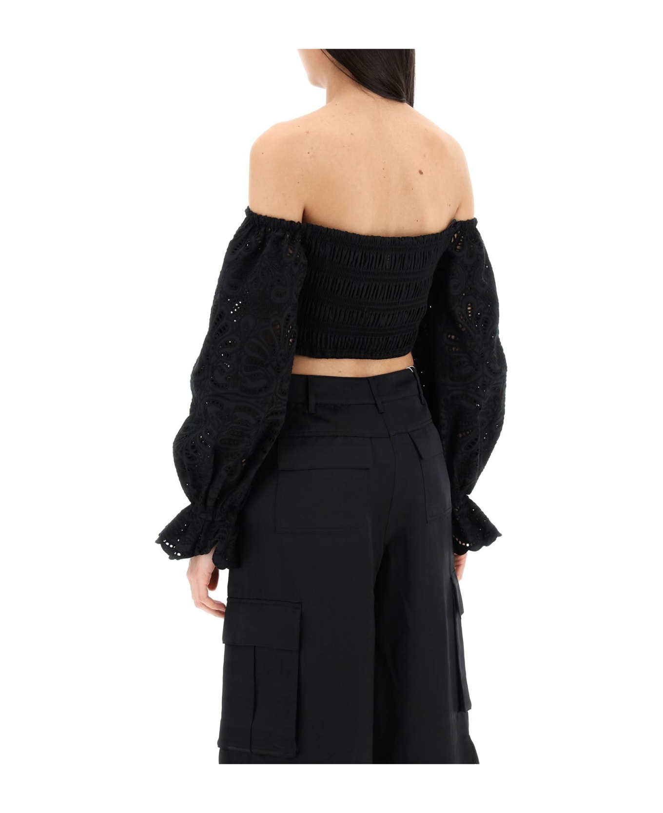 self-portrait Off-shoulder Top With Sangallo - Nero