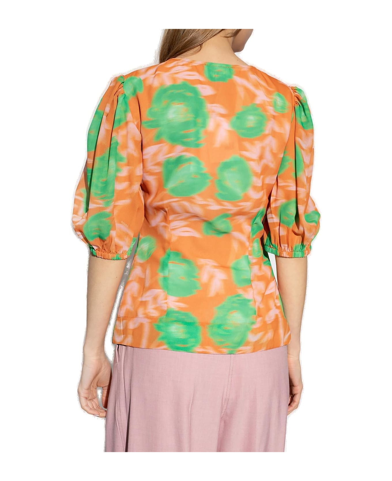 Ganni Floral-printed Button-up Crepe Blouse - Orange