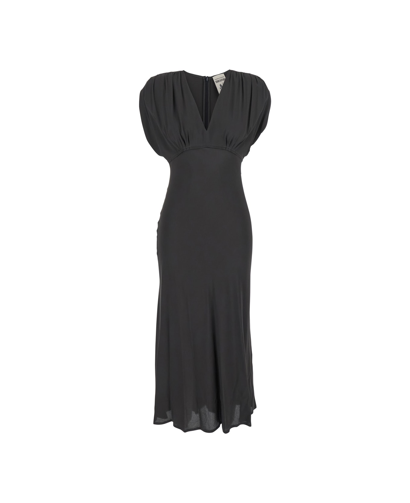 SEMICOUTURE Black Long Dress With V-neck And Ruching On The Shoulders In Silk Blend Woman - Grey