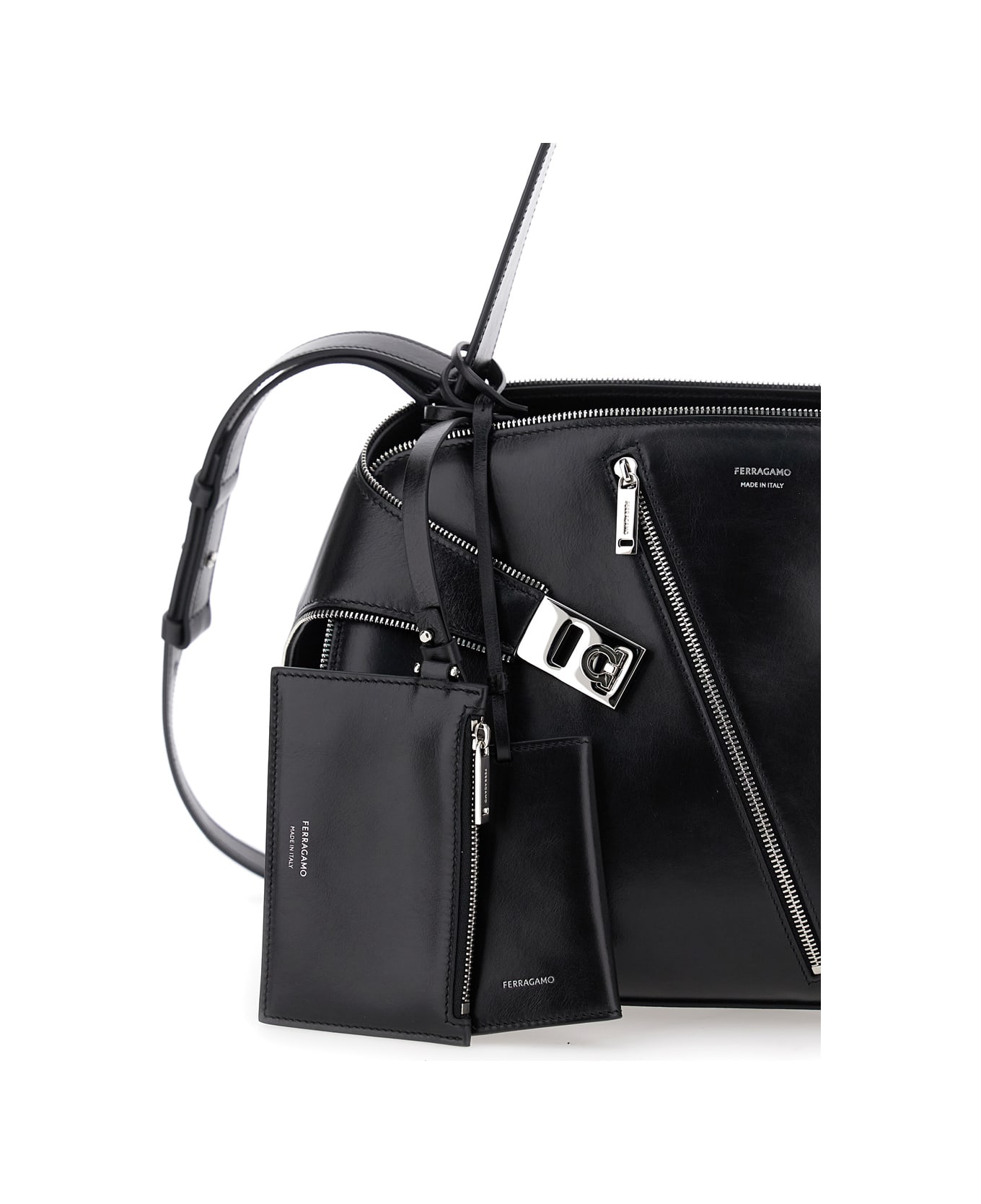 Ferragamo 
hug
 Black Shoulder Bag With Multiple Zips And Adjustable And Removable Shoulder Strap In Leather Woman - Black