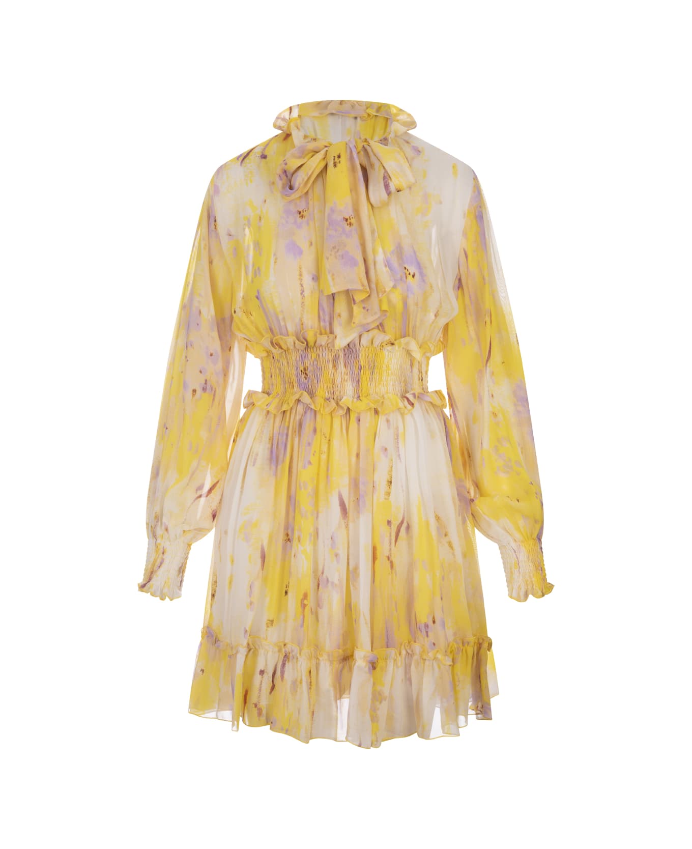 MSGM Short Dress In Georgette With "artsy Flower" Print - Yellow