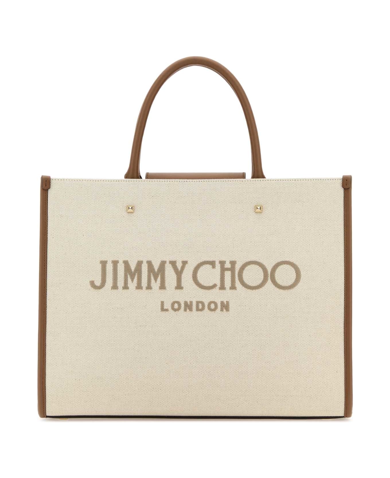Jimmy Choo Sand Canvas Avenue M Shopping Bag - NATURALTAUPEDARKTANLIGHTGOLD