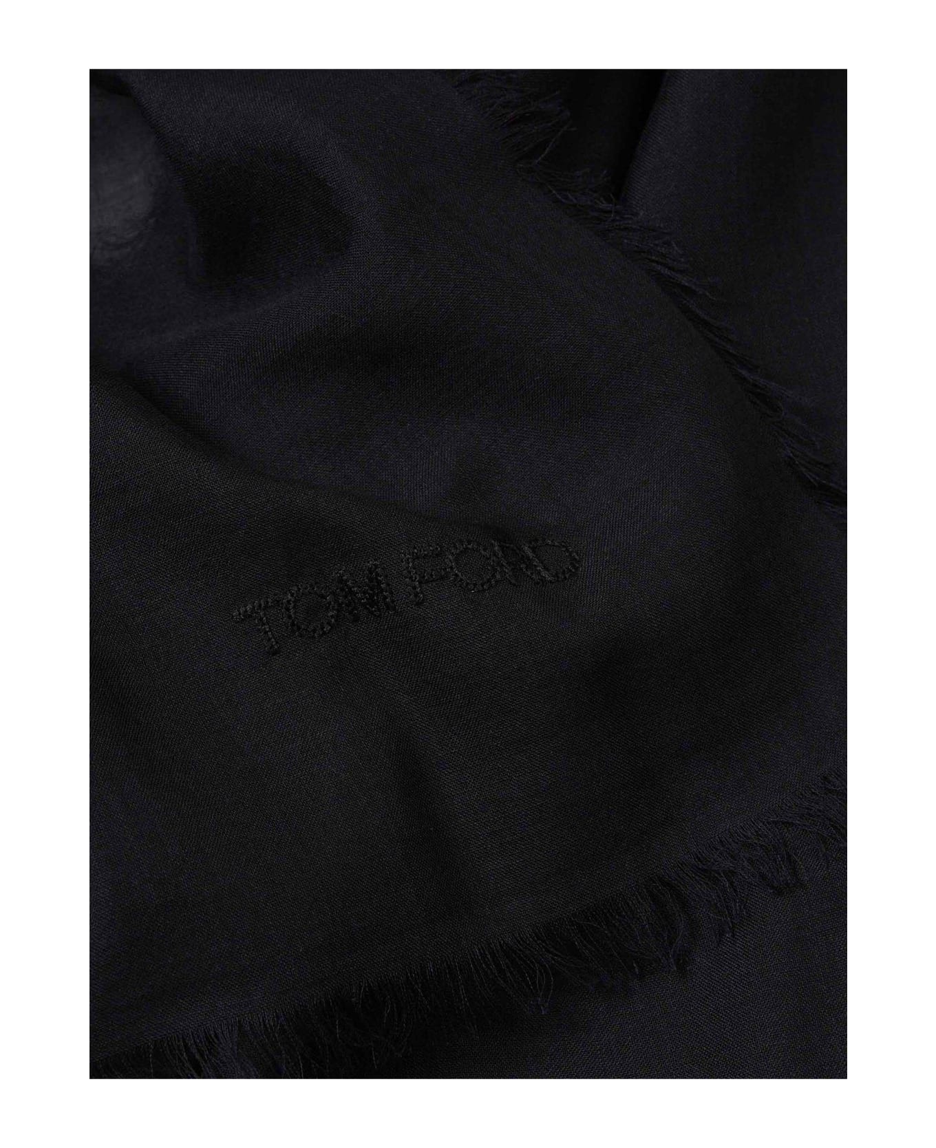 Tom Ford Logo Embroidered Fringed Edge Scarf - BLACK