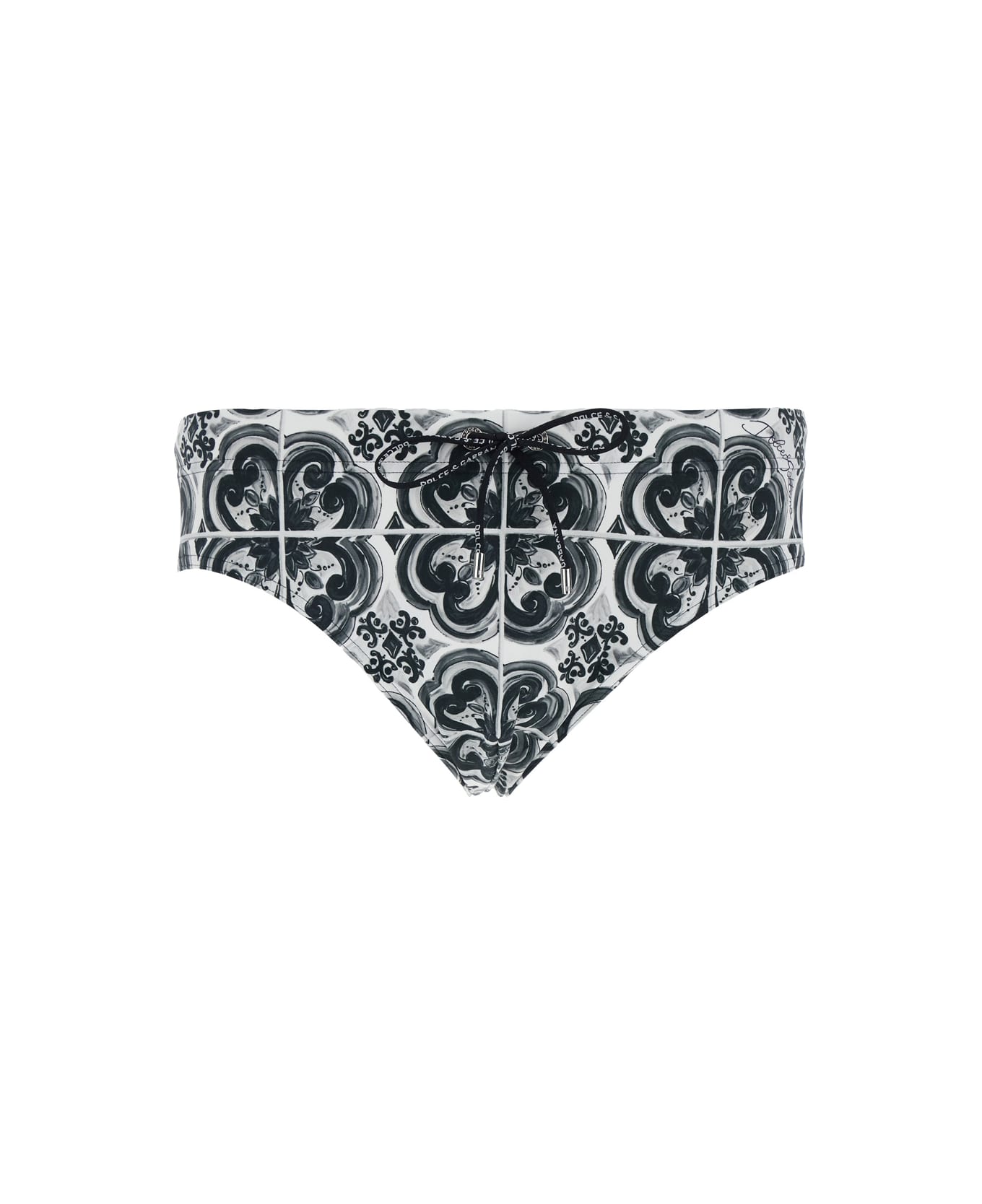 Dolce 
Gabbana Black And White Swimsuit With All-over Majolica Print In Techl Fabric Man - White/black
