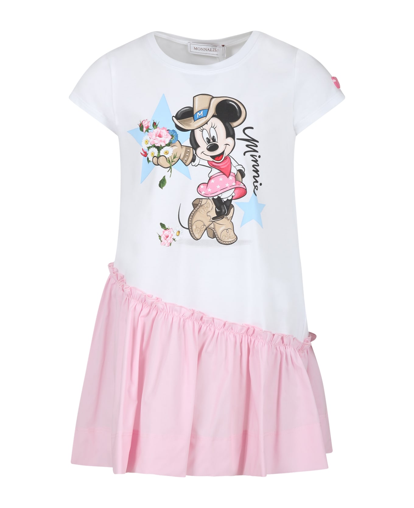 Monnalisa White Dress For Girl With Minnie Print - PINK