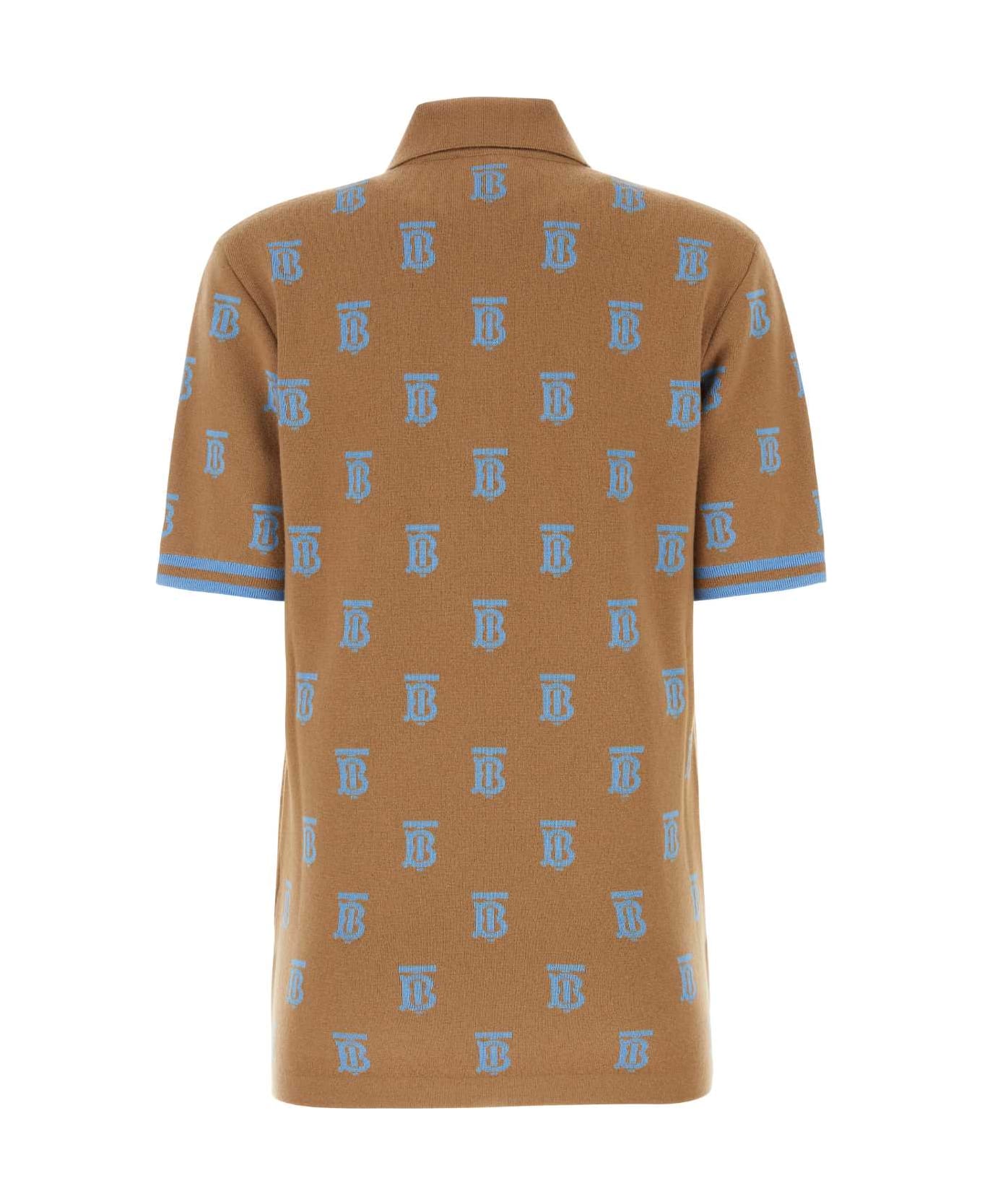 Burberry Embroidered Stretch Wool Blend Polo Shirt - CAMEL