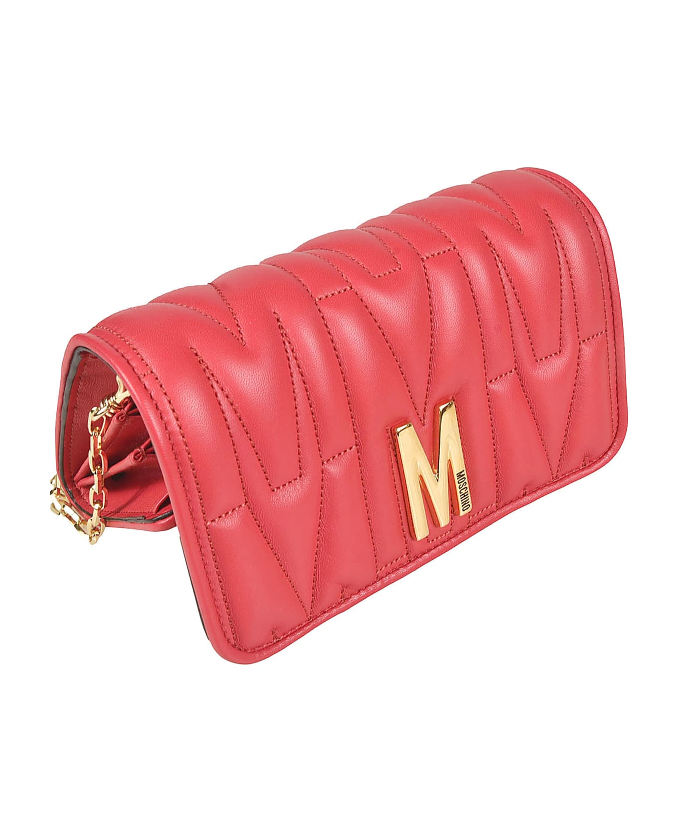 Moschino M Plaque Quilted Flap Chain Shoulder Bag - Red